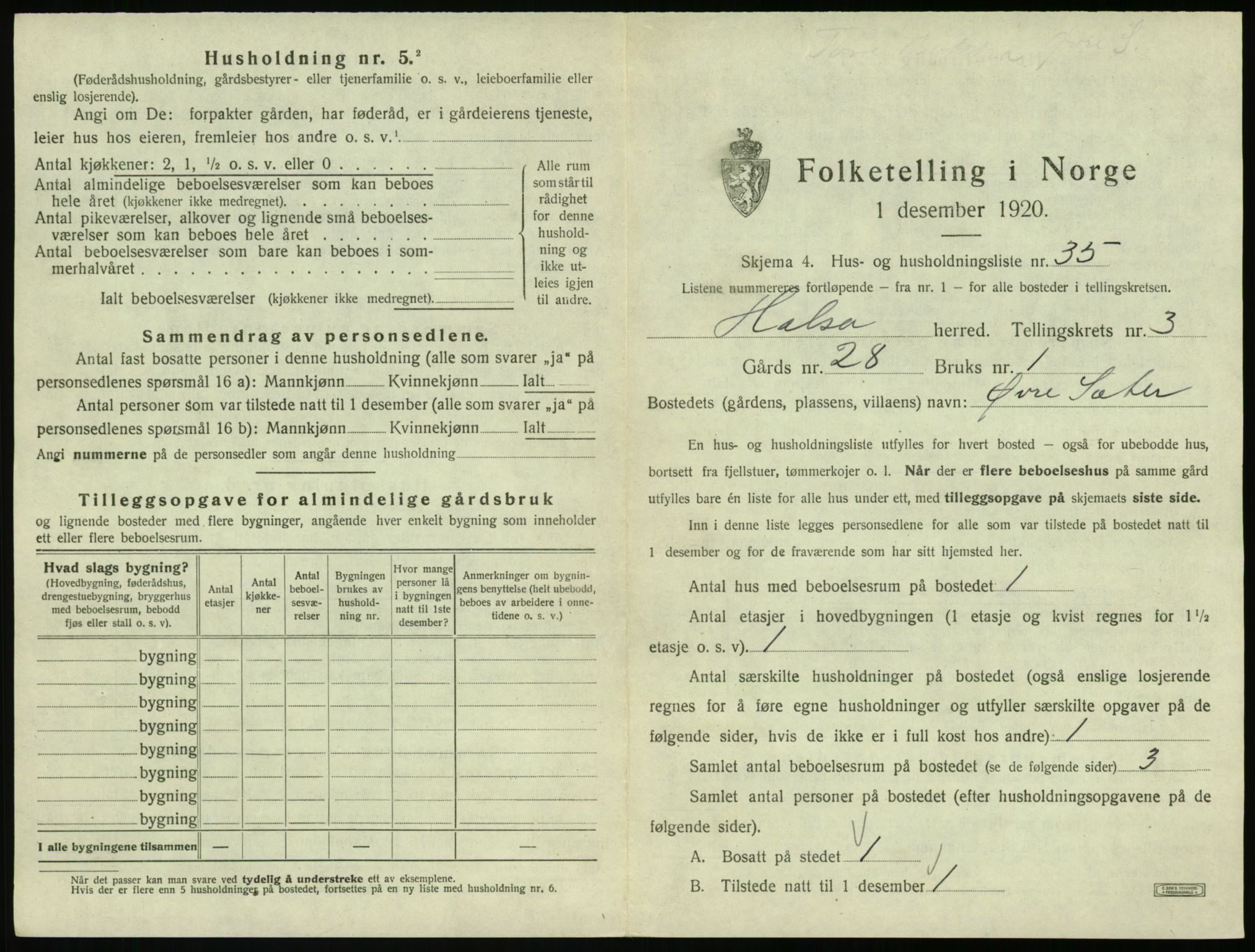 SAT, 1920 census for Halsa, 1920, p. 212