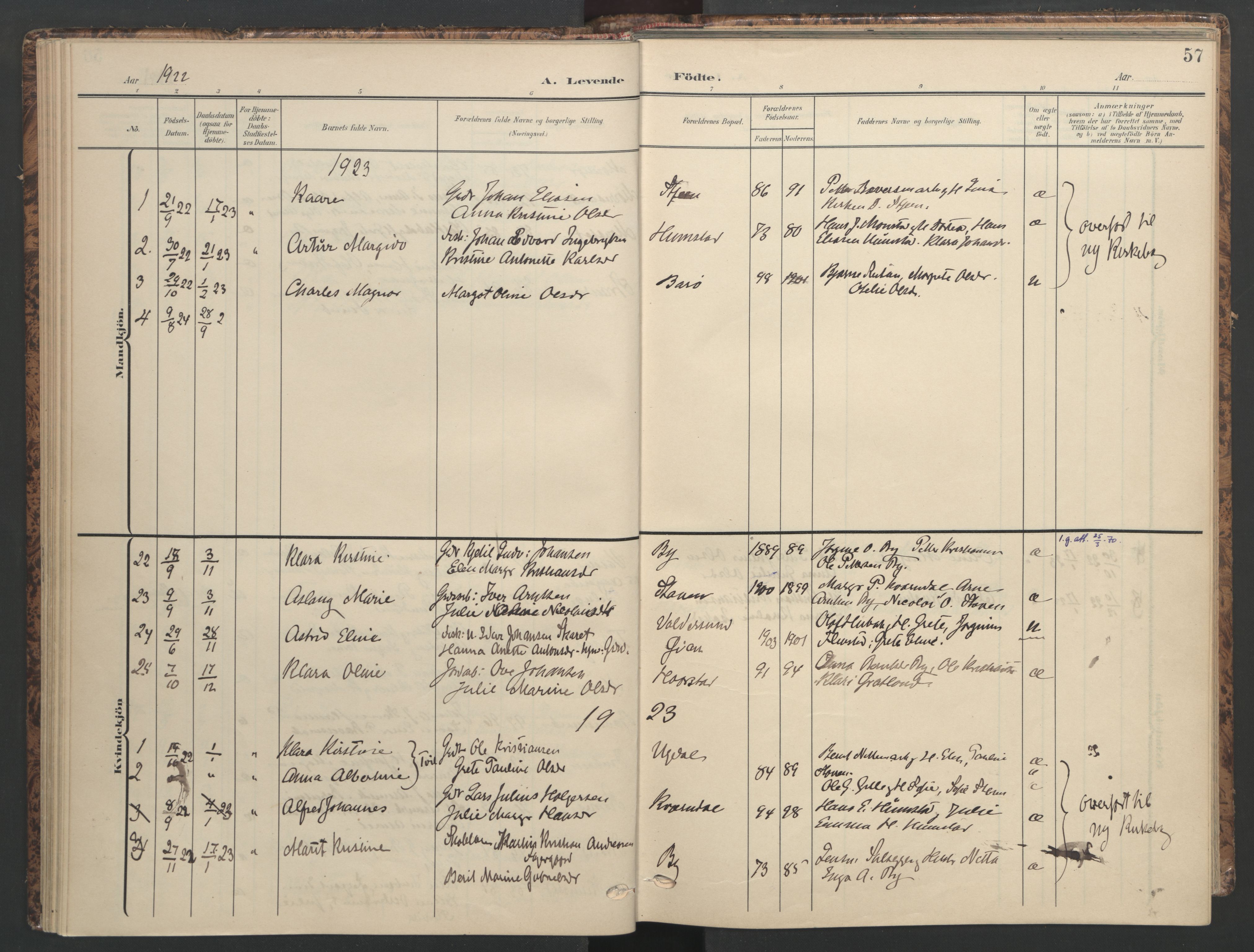 Ministerialprotokoller, klokkerbøker og fødselsregistre - Sør-Trøndelag, SAT/A-1456/655/L0682: Parish register (official) no. 655A11, 1908-1922, p. 57