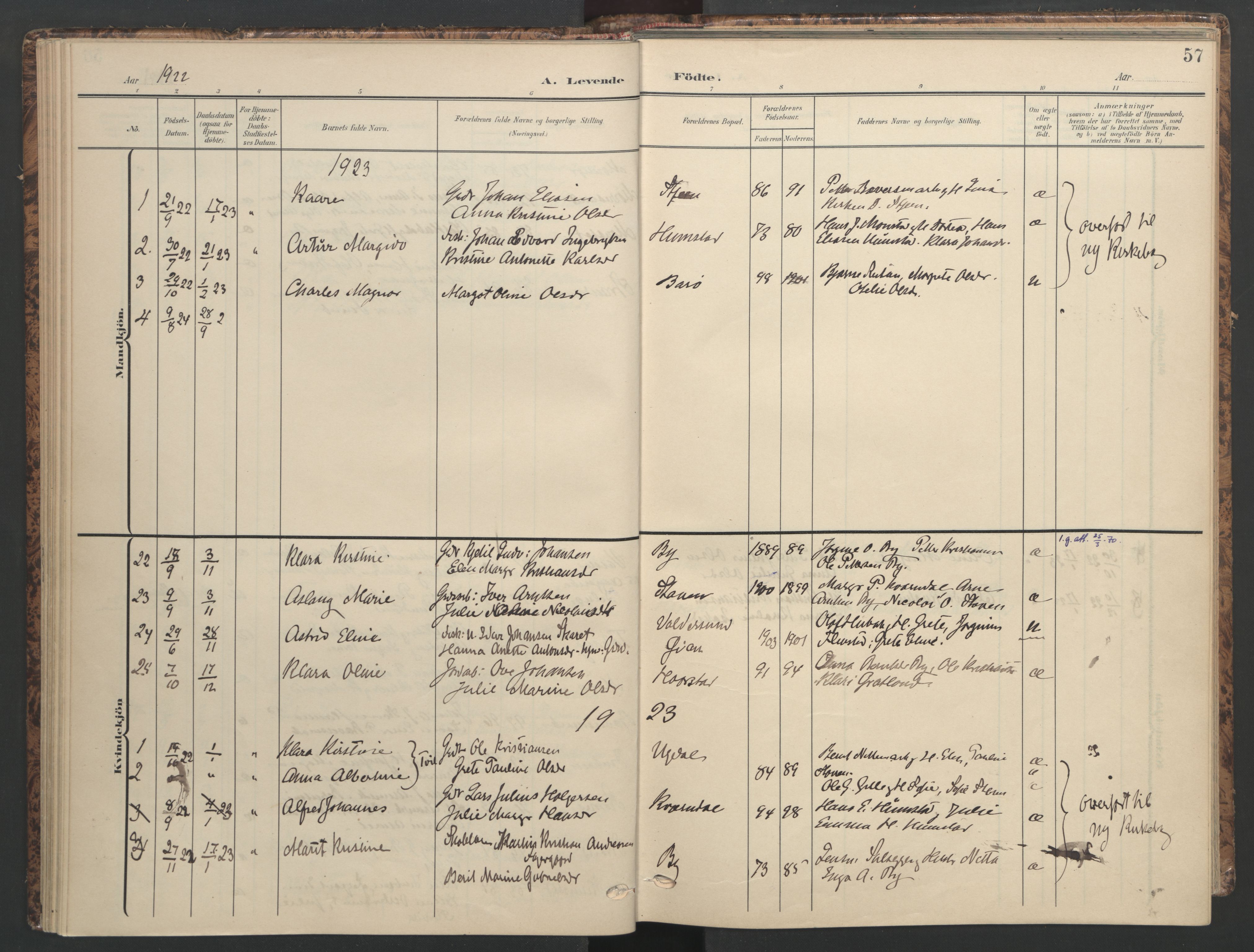 Ministerialprotokoller, klokkerbøker og fødselsregistre - Sør-Trøndelag, AV/SAT-A-1456/655/L0682: Parish register (official) no. 655A11, 1908-1922, p. 57