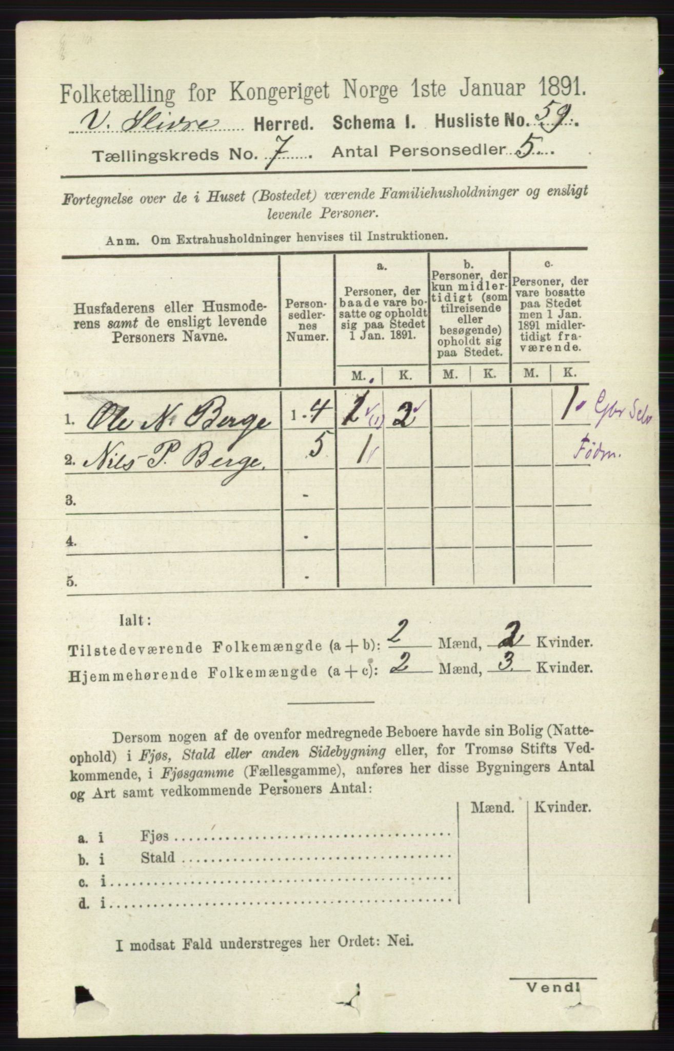 RA, 1891 census for 0543 Vestre Slidre, 1891, p. 2569