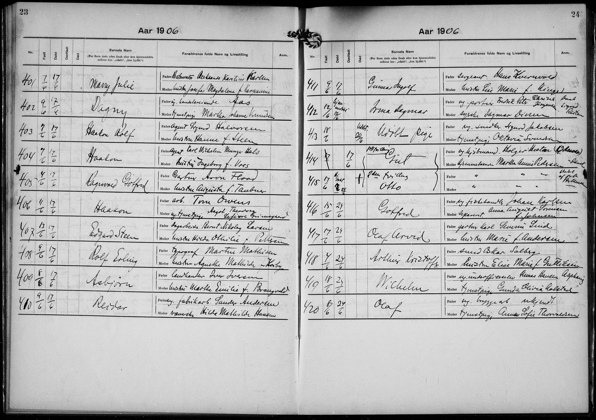 Rikshospitalet prestekontor Kirkebøker, SAO/A-10309b/K/L0006/0002: Baptism register no. 6.2, 1906-1908, p. 23-24