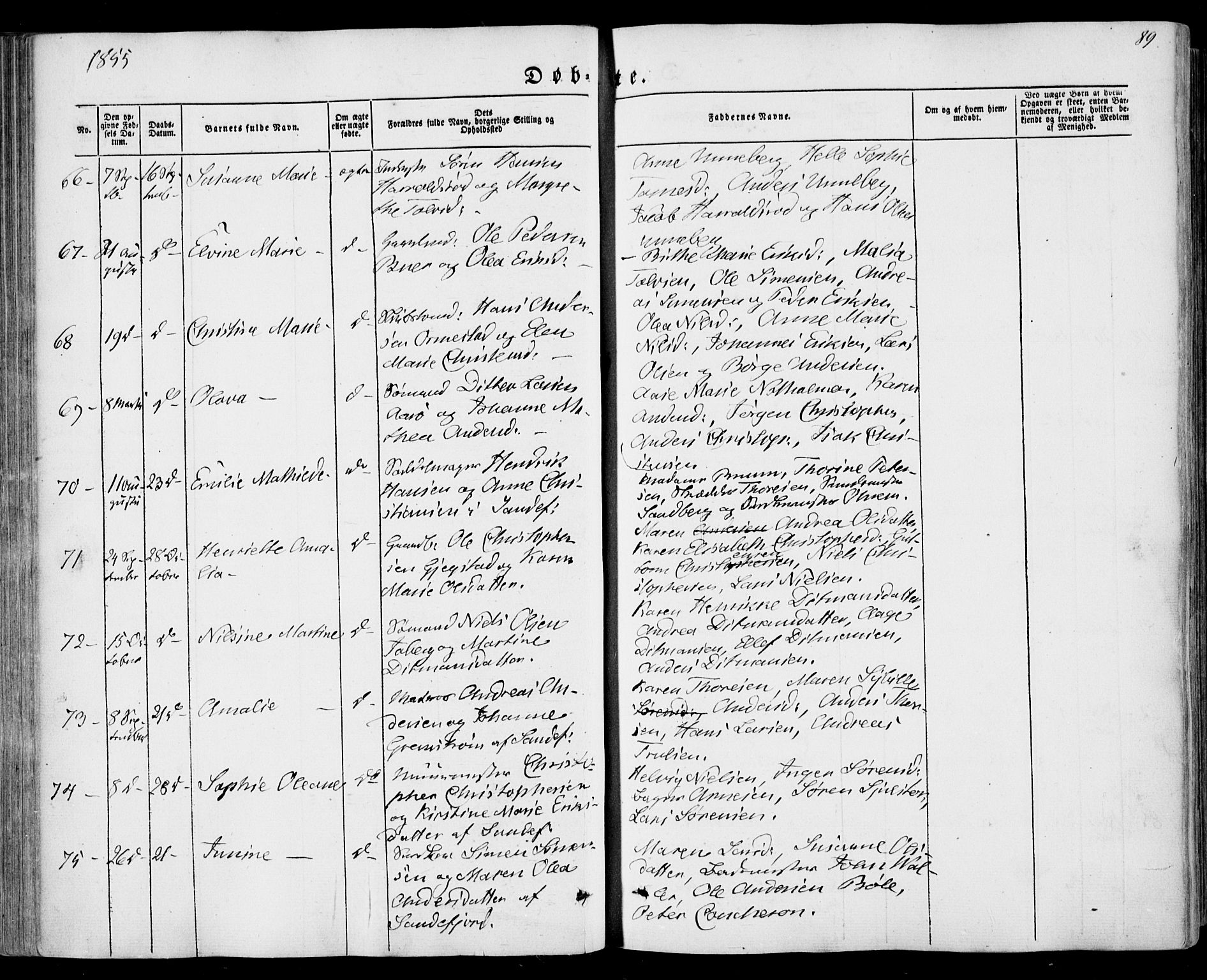 Sandar kirkebøker, SAKO/A-243/F/Fa/L0007: Parish register (official) no. 7, 1855-1861, p. 89