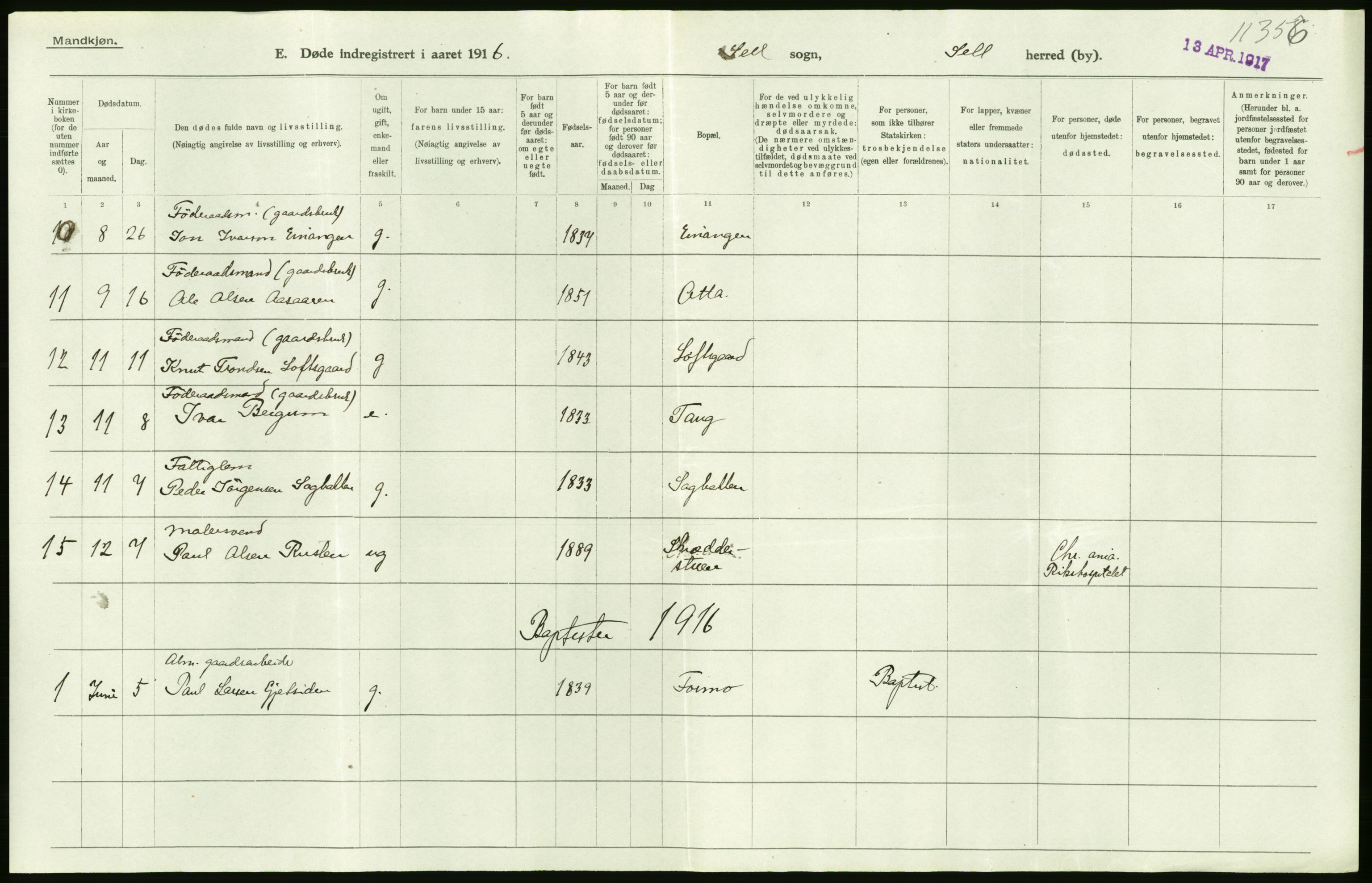 Statistisk sentralbyrå, Sosiodemografiske emner, Befolkning, AV/RA-S-2228/D/Df/Dfb/Dfbf/L0016: Kristians amt: Døde. Bygder og byer., 1916, p. 36