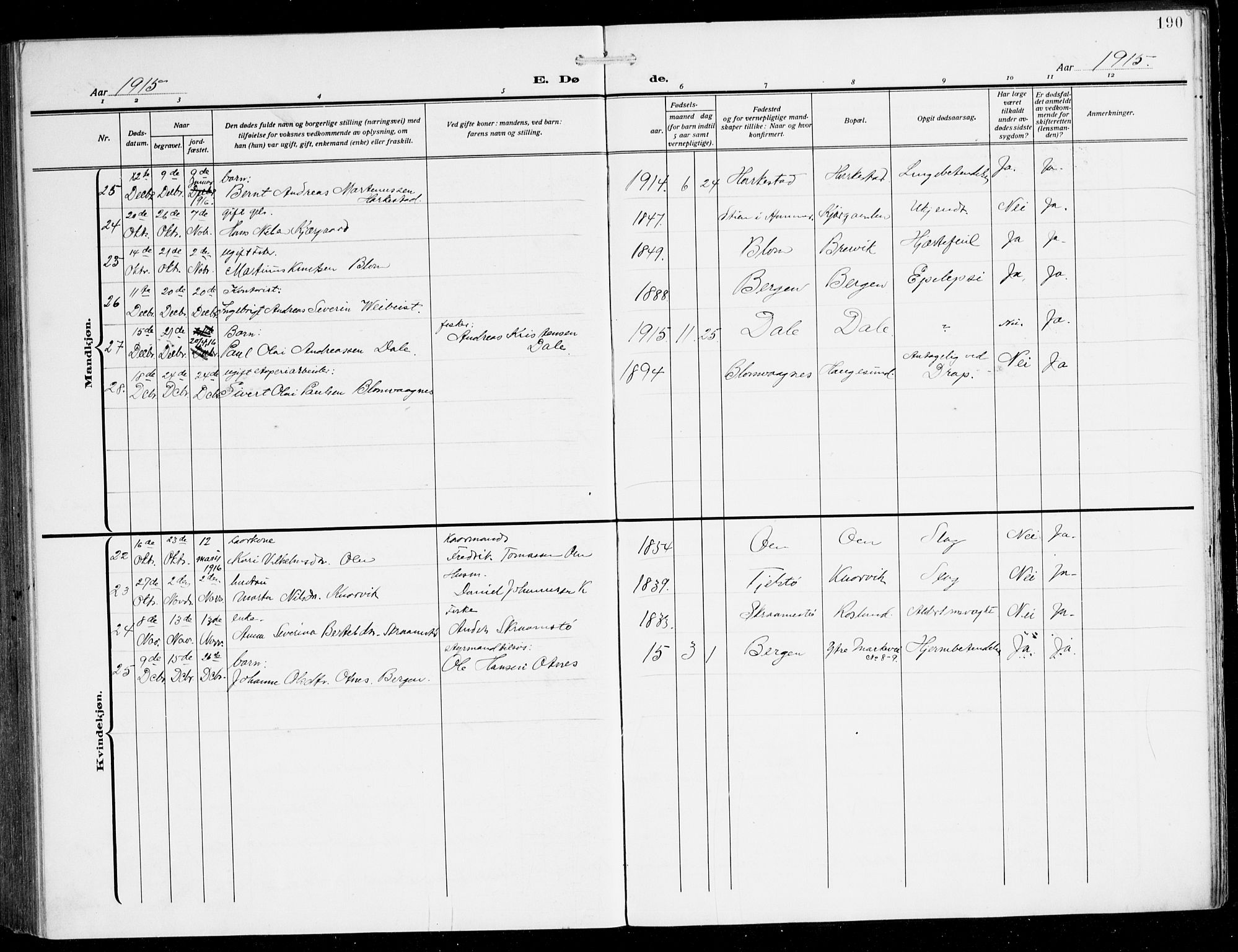 Herdla Sokneprestembete, AV/SAB-A-75701/H/Hab: Parish register (copy) no. C 2, 1913-1926, p. 190