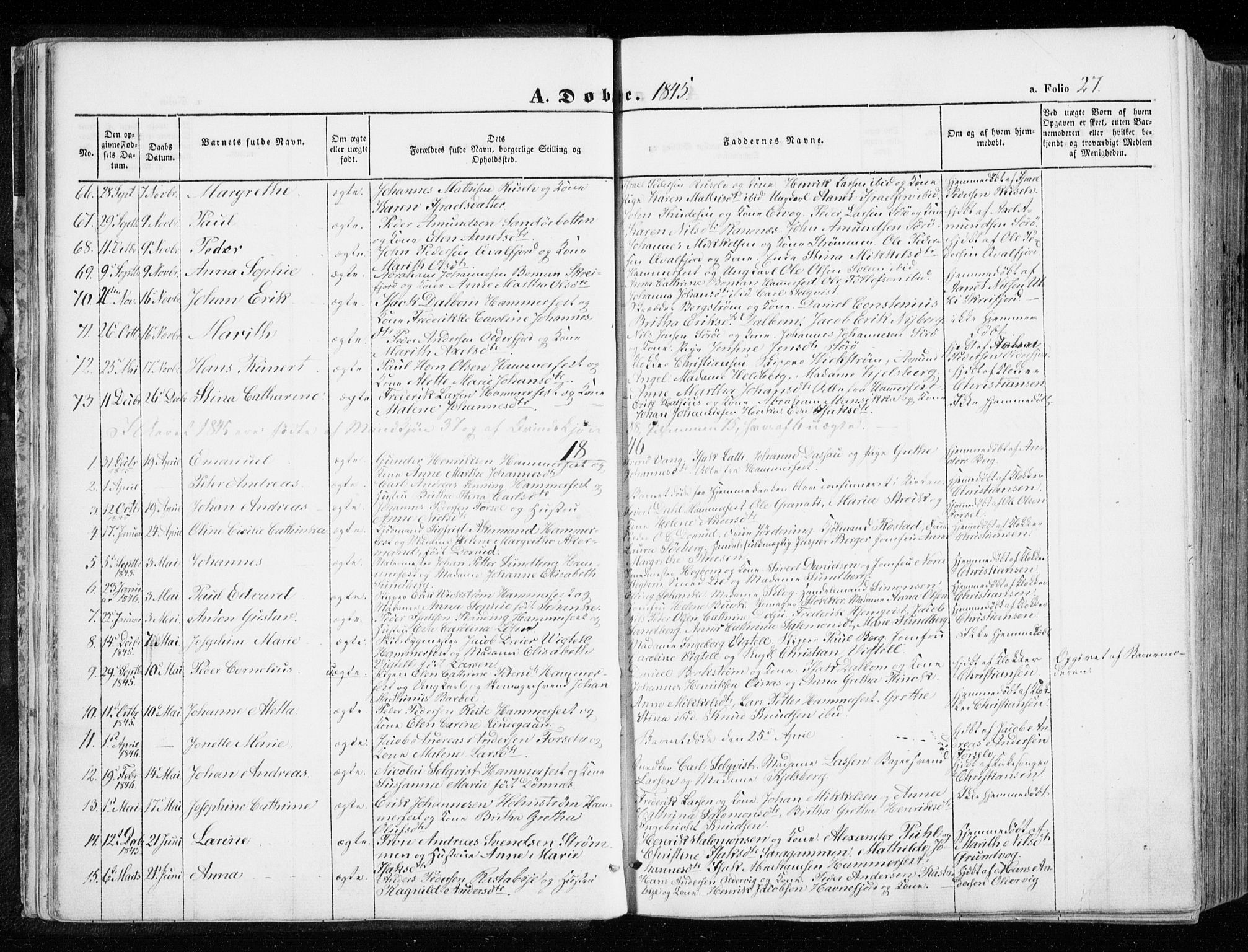 Hammerfest sokneprestkontor, SATØ/S-1347/H/Ha/L0004.kirke: Parish register (official) no. 4, 1843-1856, p. 27
