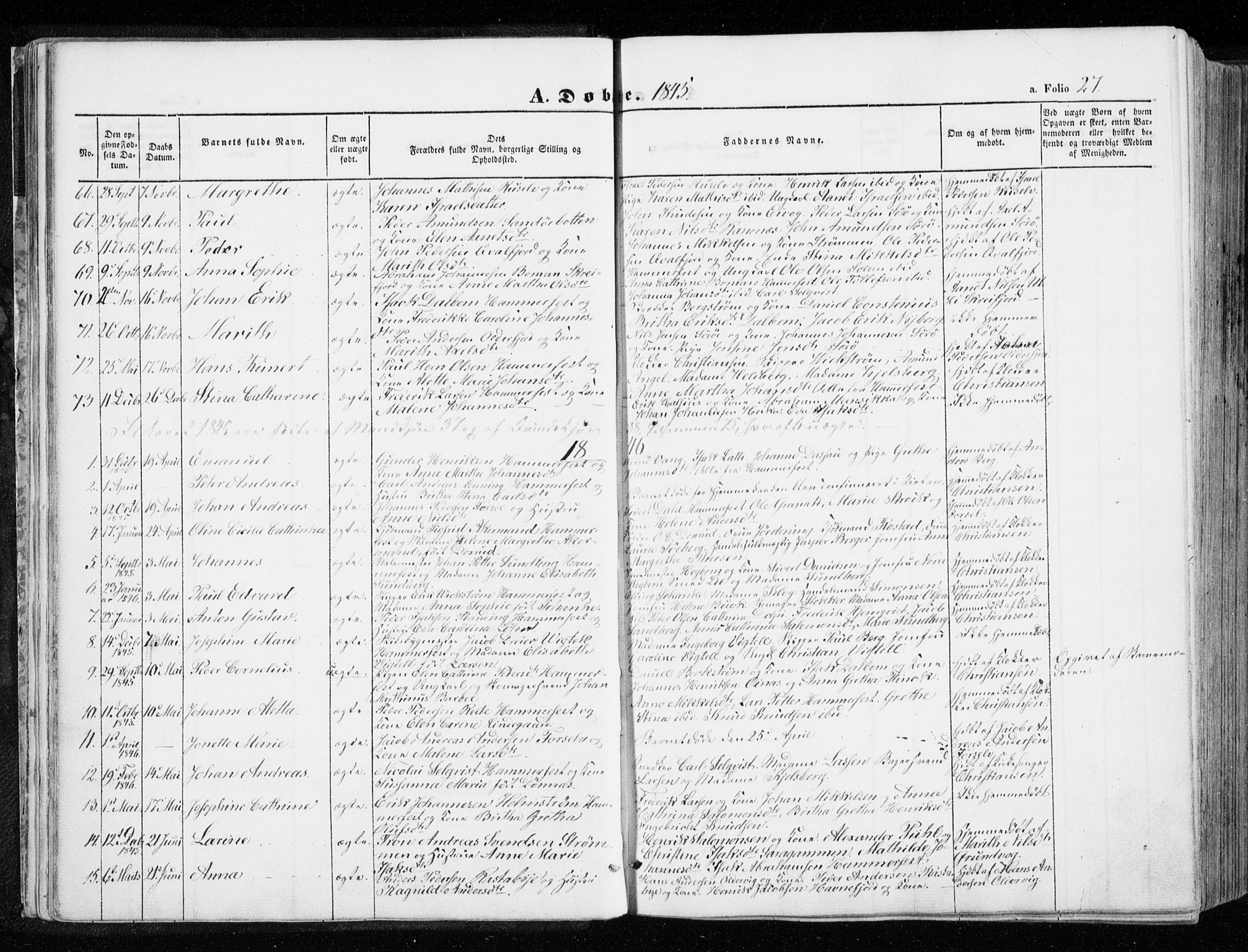 Hammerfest sokneprestkontor, AV/SATØ-S-1347/H/Ha/L0004.kirke: Parish register (official) no. 4, 1843-1856, p. 27