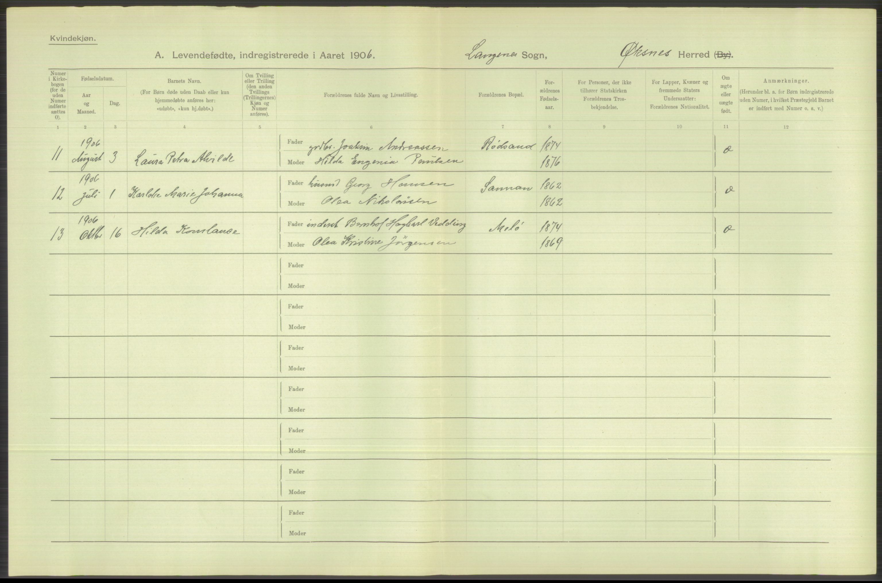 Statistisk sentralbyrå, Sosiodemografiske emner, Befolkning, AV/RA-S-2228/D/Df/Dfa/Dfad/L0044: Nordlands amt: Levendefødte menn og kvinner. Bygder., 1906, p. 46