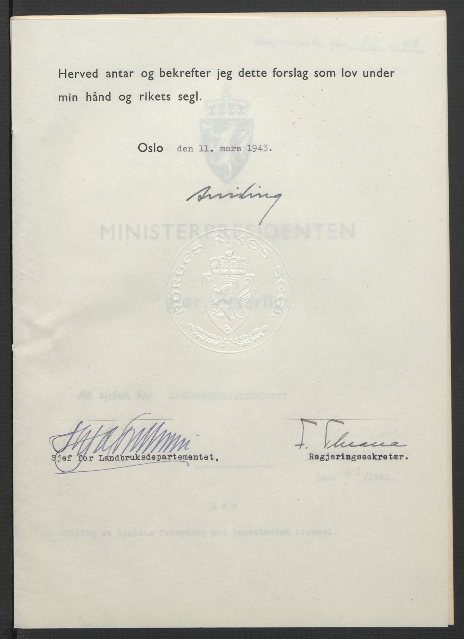 NS-administrasjonen 1940-1945 (Statsrådsekretariatet, de kommisariske statsråder mm), AV/RA-S-4279/D/Db/L0099: Lover, 1943, p. 191