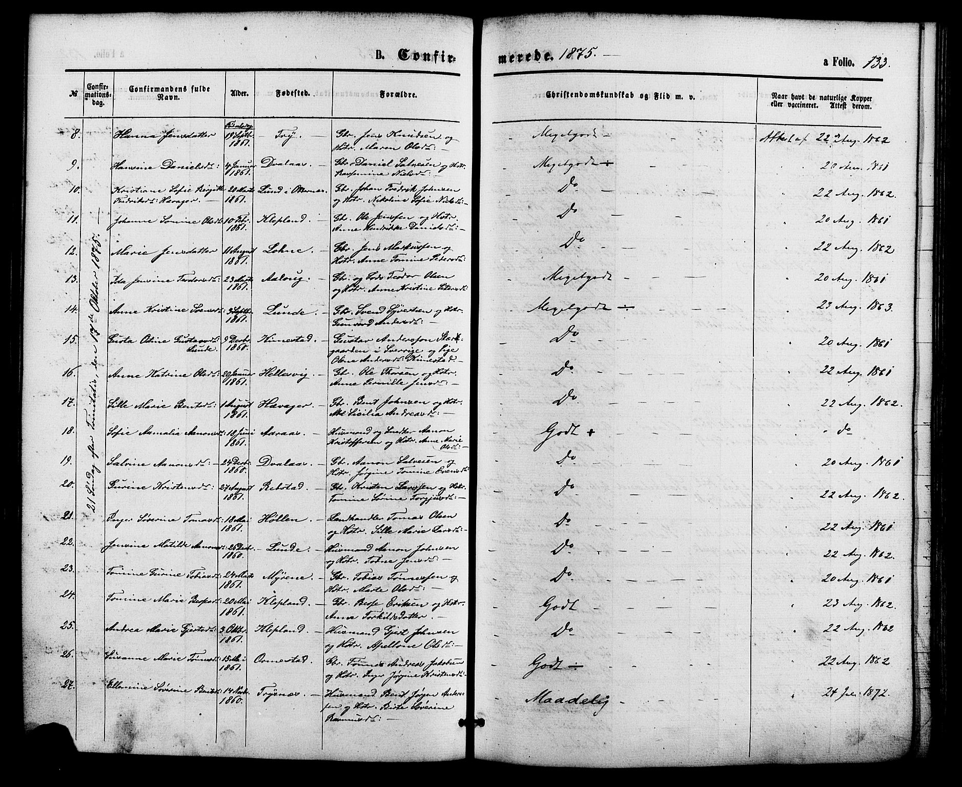 Søgne sokneprestkontor, SAK/1111-0037/F/Fa/Fab/L0011: Parish register (official) no. A 11, 1869-1879, p. 133