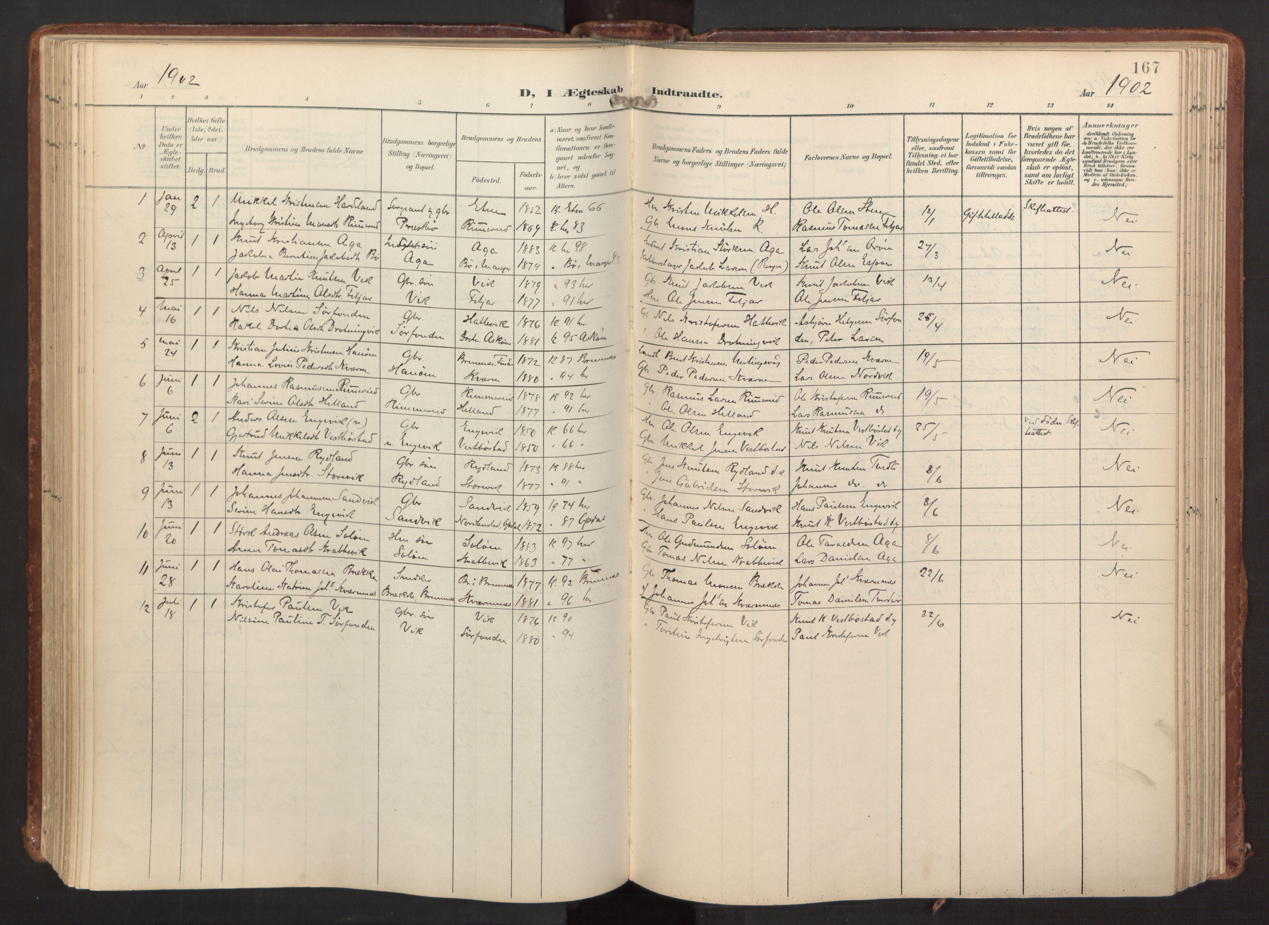 Fitjar sokneprestembete, SAB/A-99926: Parish register (official) no. A 3, 1900-1918, p. 167