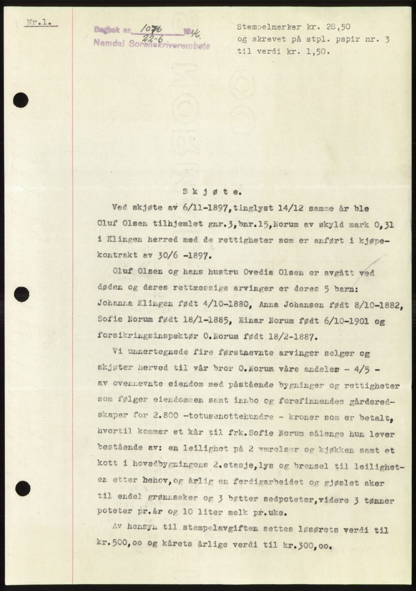 Namdal sorenskriveri, AV/SAT-A-4133/1/2/2C: Mortgage book no. -, 1946-1946, Diary no: : 1076/1946