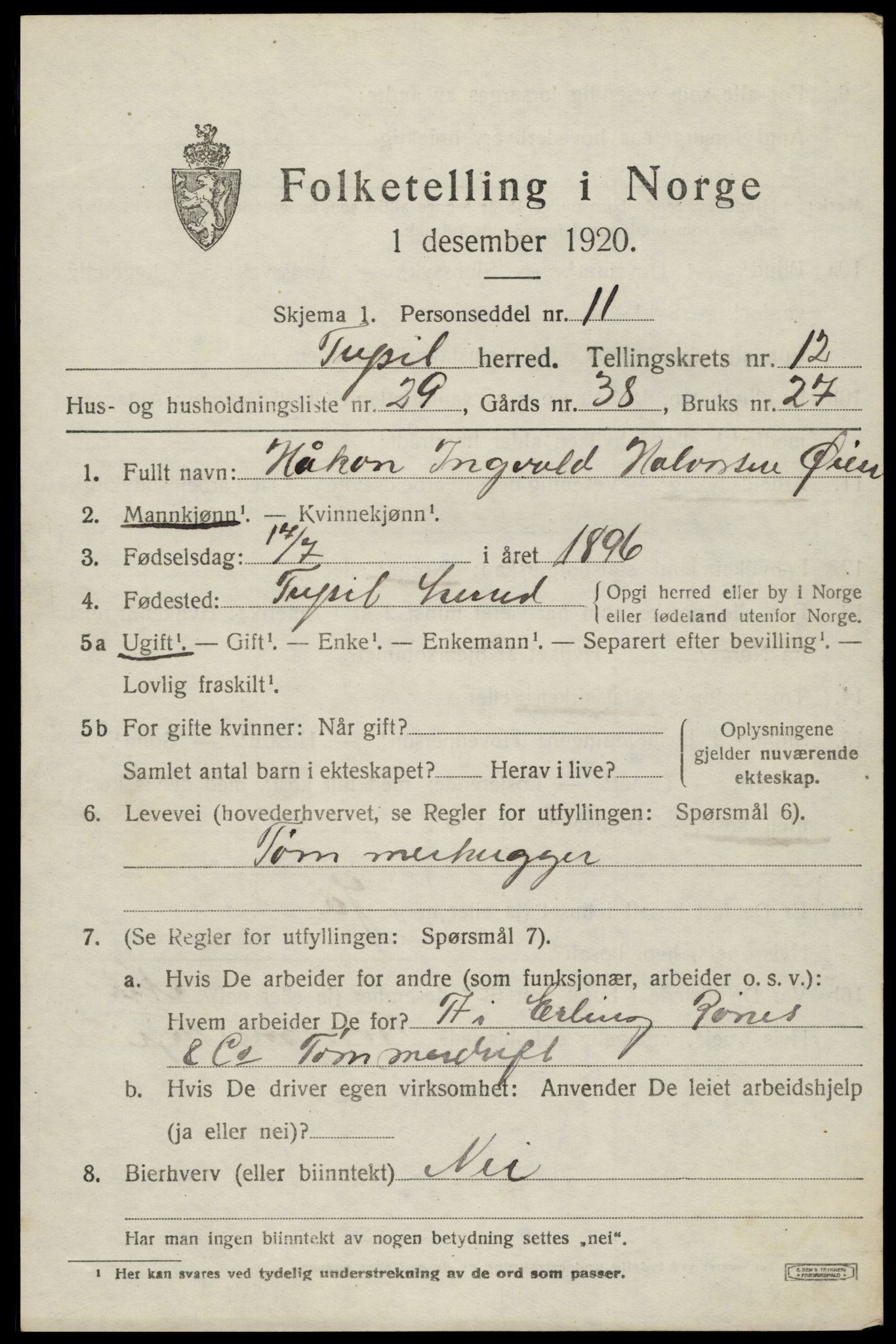 SAH, 1920 census for Trysil, 1920, p. 7537