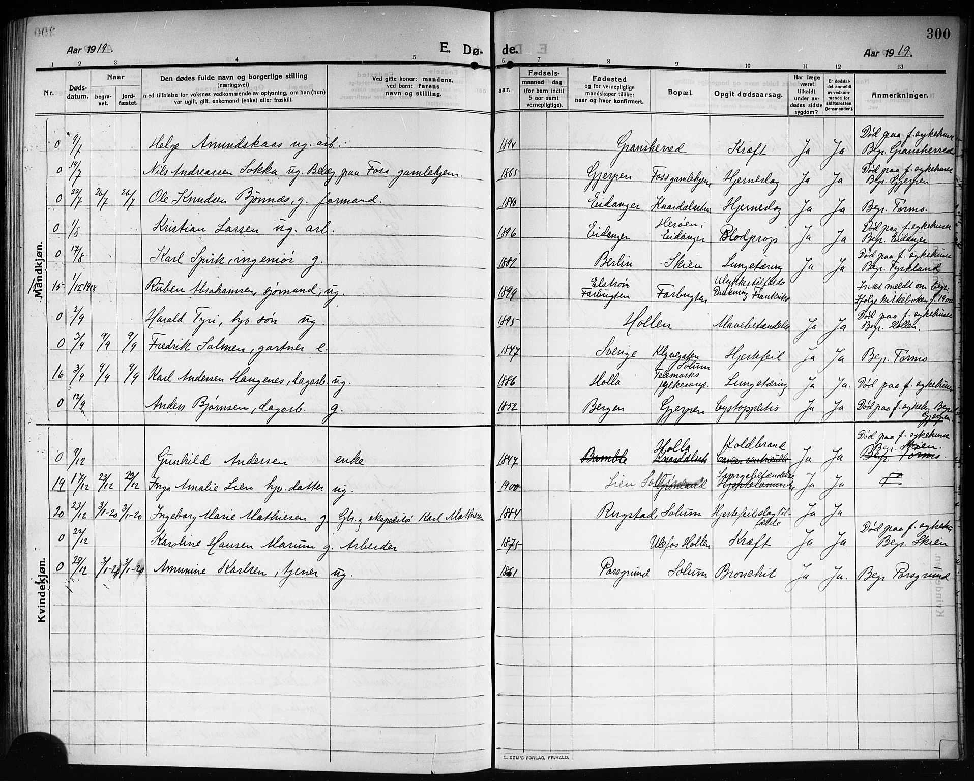 Solum kirkebøker, AV/SAKO-A-306/G/Ga/L0009: Parish register (copy) no. I 9, 1909-1922, p. 300