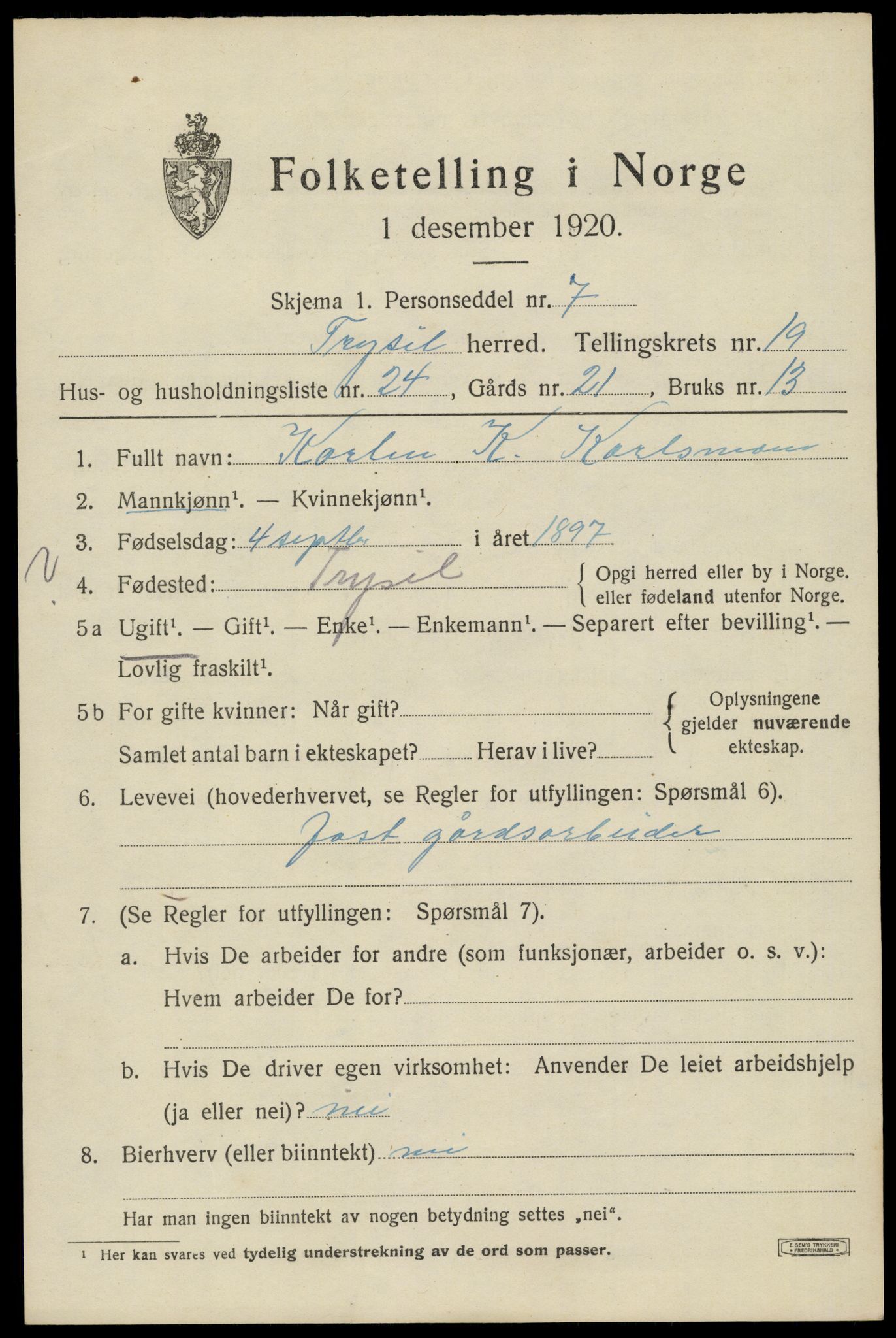 SAH, 1920 census for Trysil, 1920, p. 13013