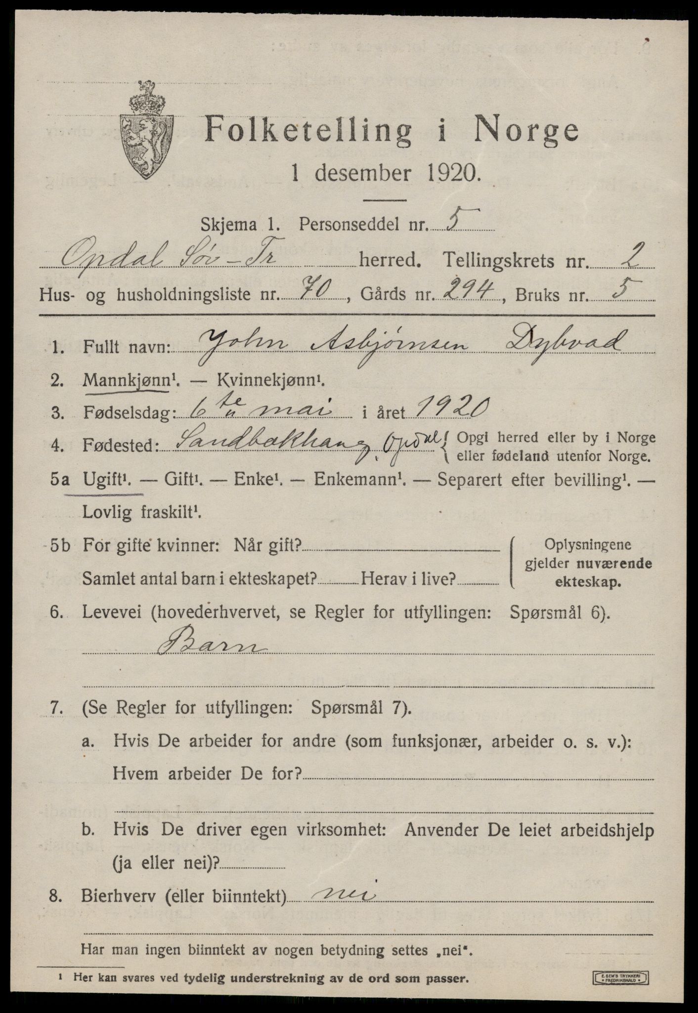 SAT, 1920 census for Oppdal, 1920, p. 3137