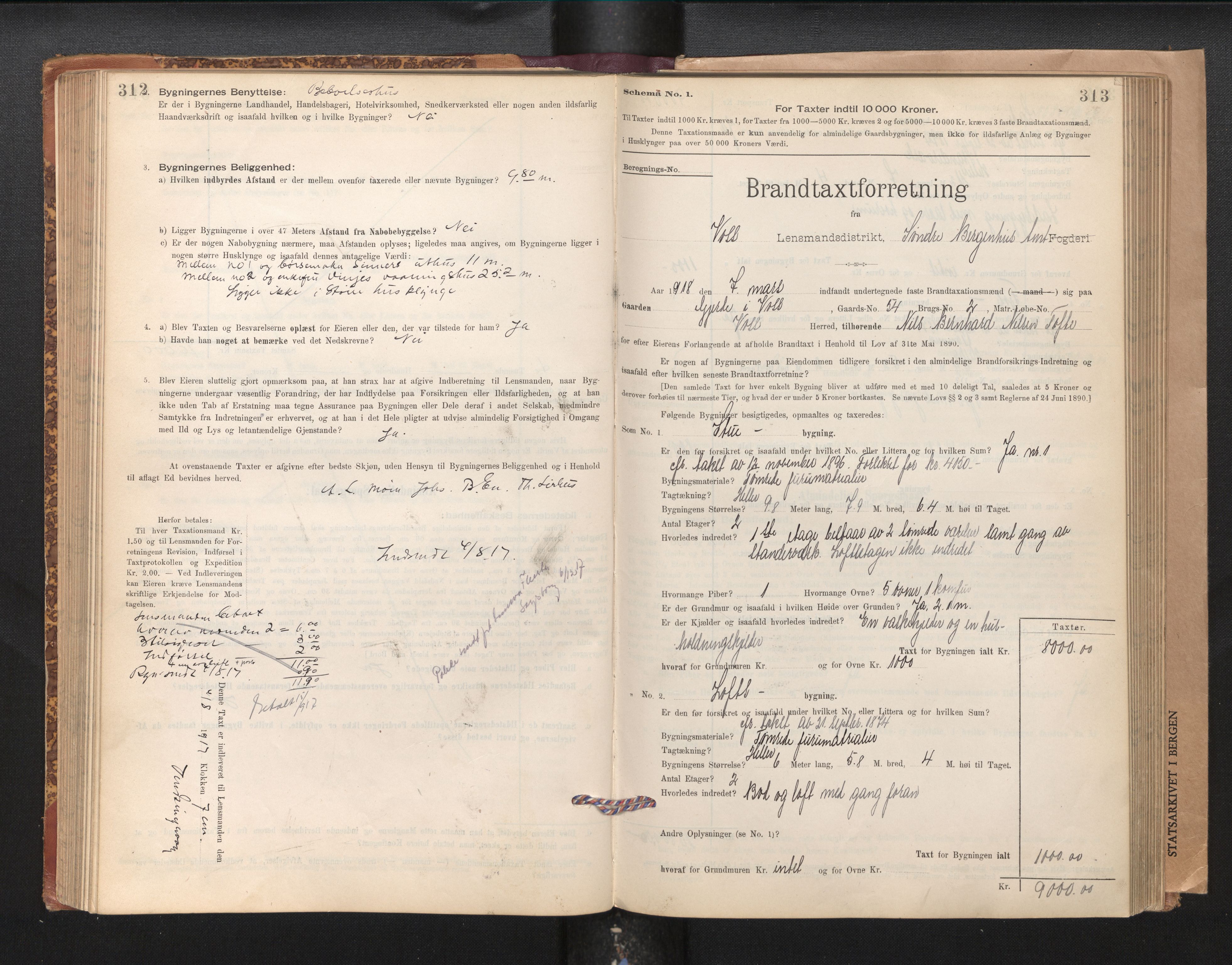Lensmannen i Voss, SAB/A-35801/0012/L0008: Branntakstprotokoll, skjematakst, 1895-1945, p. 312-313