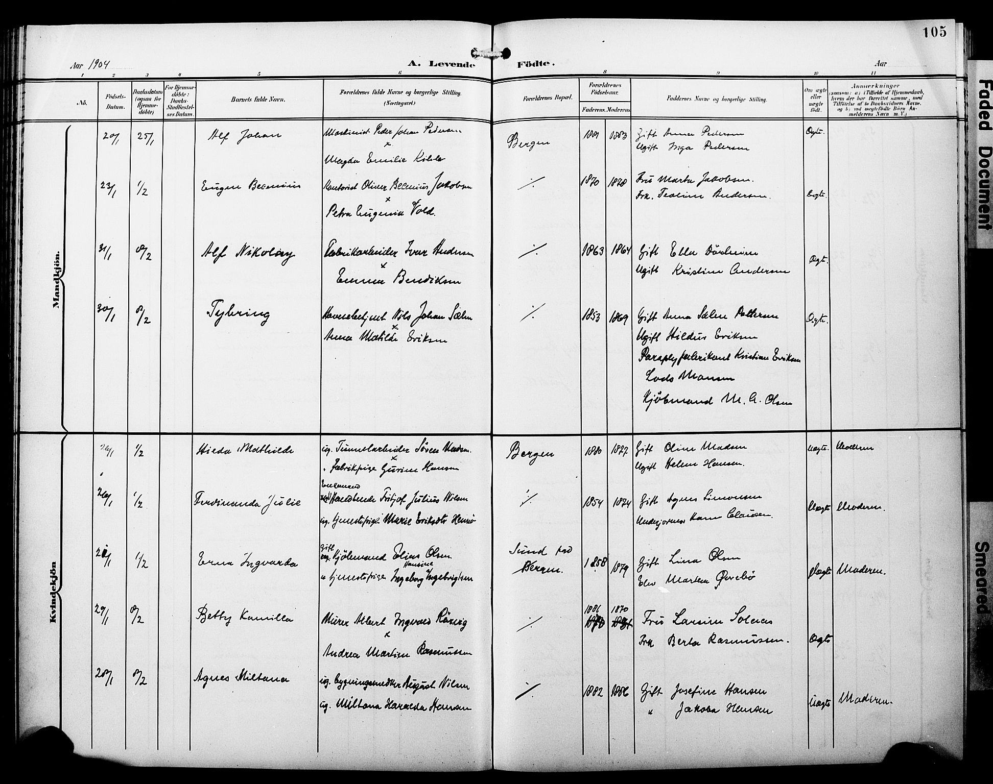 Fødselsstiftelsens sokneprestembete*, SAB/-: Parish register (copy) no. A 1, 1900-1909, p. 105