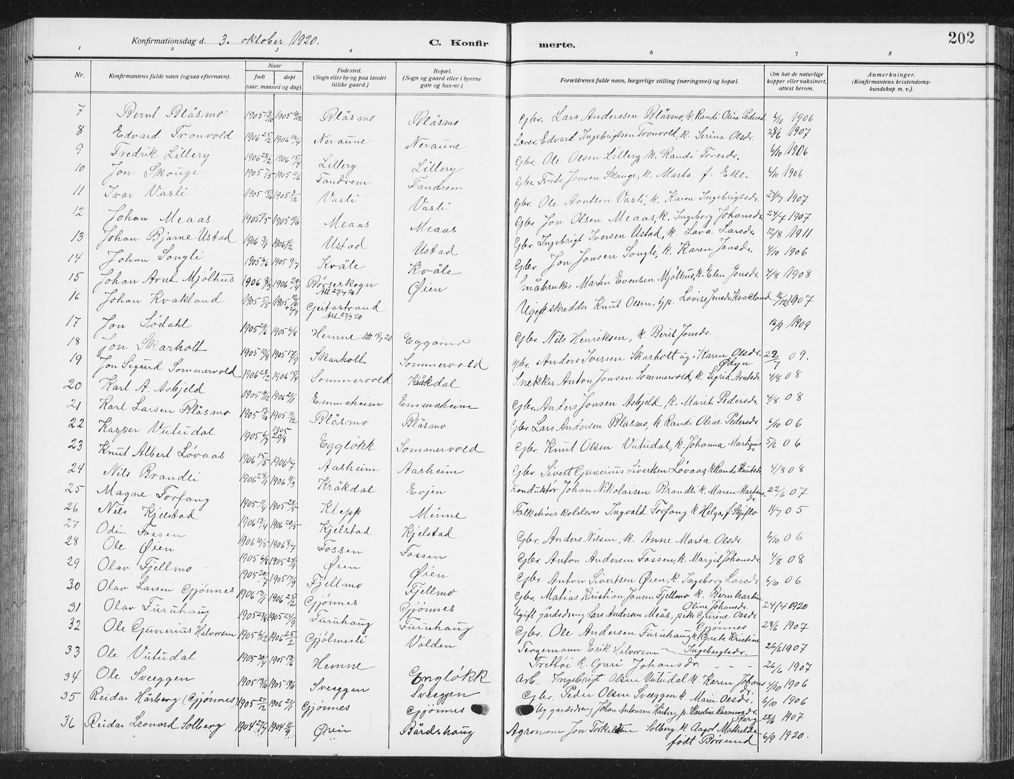 Ministerialprotokoller, klokkerbøker og fødselsregistre - Sør-Trøndelag, SAT/A-1456/668/L0820: Parish register (copy) no. 668C09, 1912-1936, p. 202