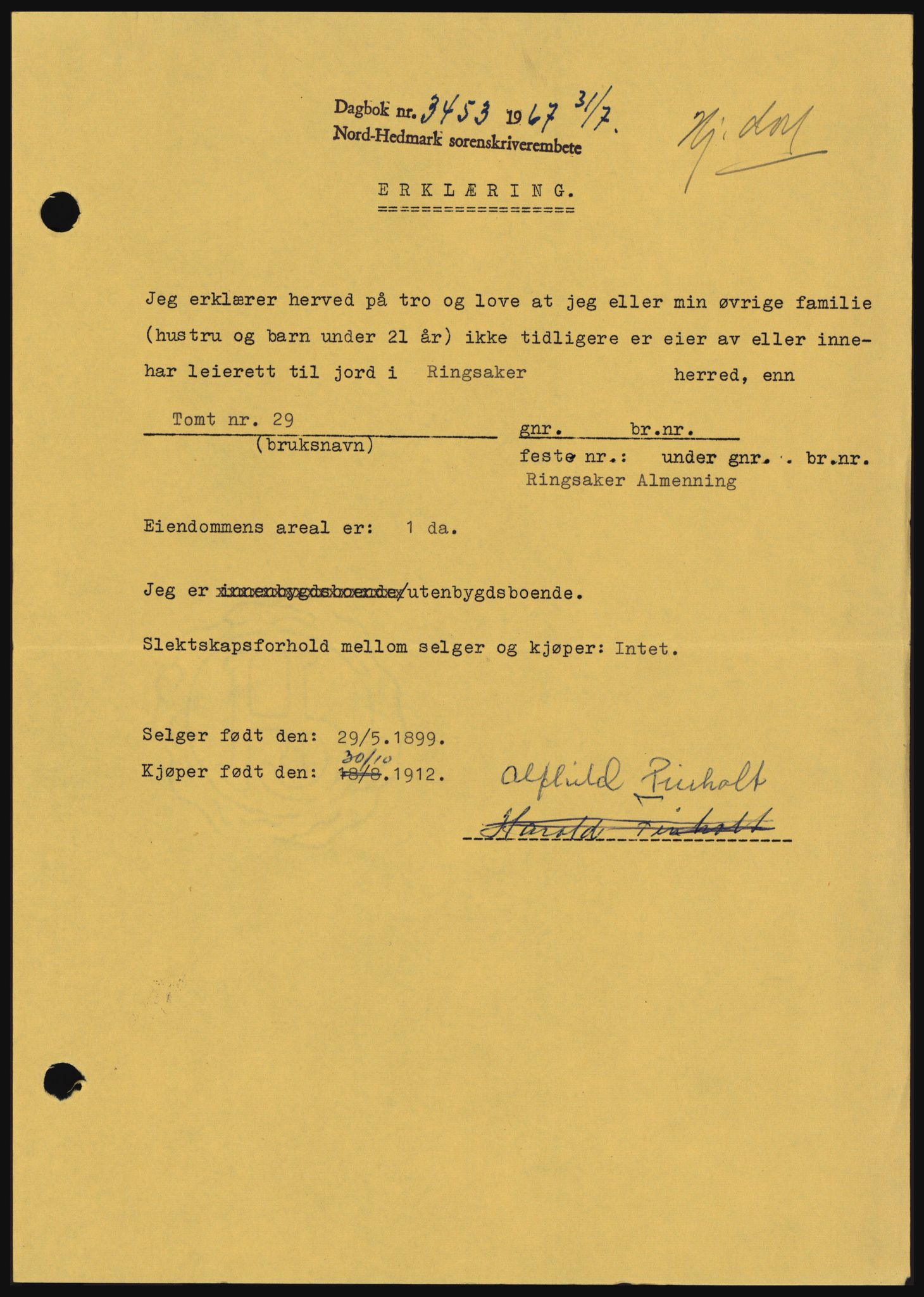 Nord-Hedmark sorenskriveri, AV/SAH-TING-012/H/Hc/L0026: Mortgage book no. 26, 1967-1967, Diary no: : 3453/1967