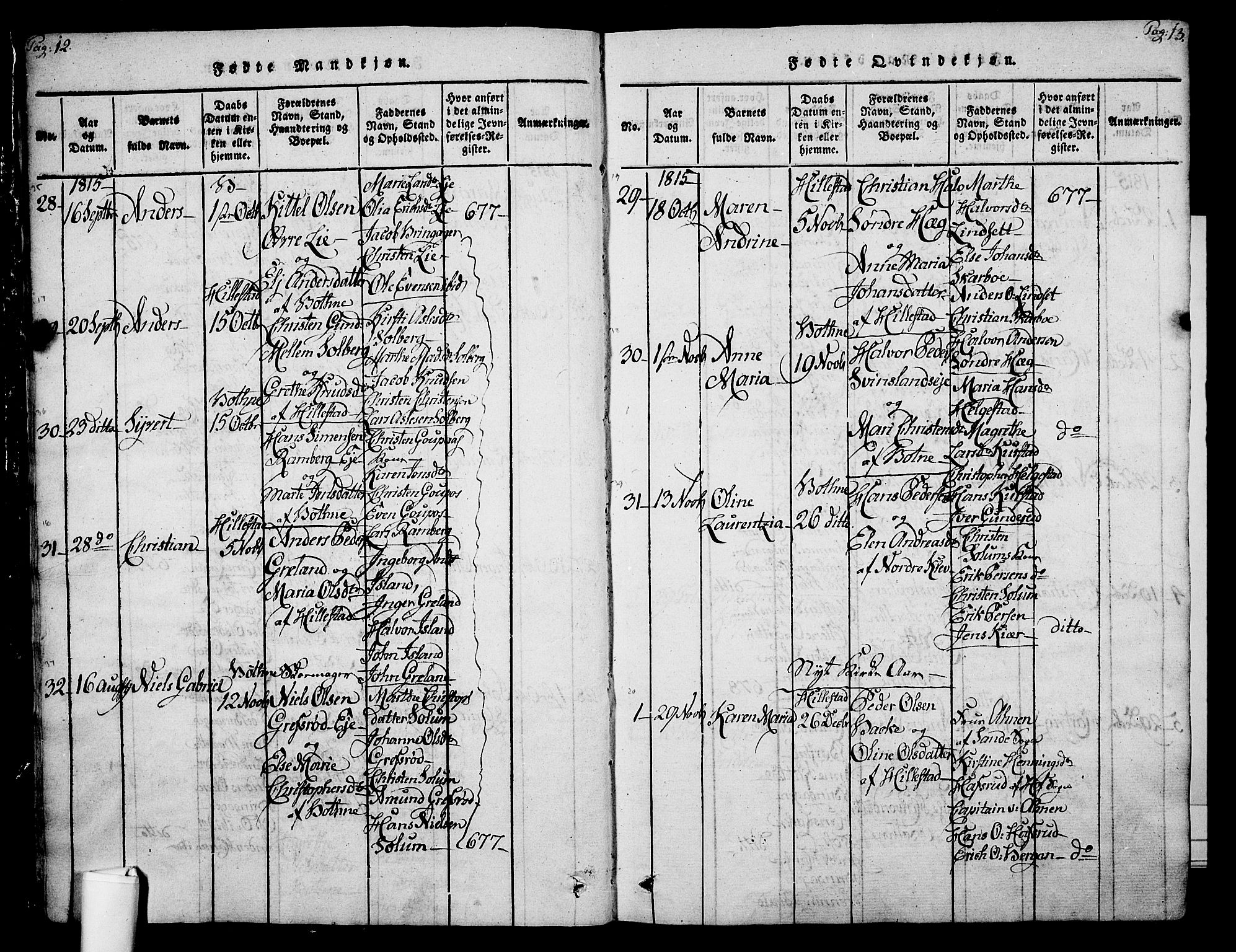 Botne kirkebøker, AV/SAKO-A-340/F/Fa/L0005: Parish register (official) no. I 5, 1814-1836, p. 12-13