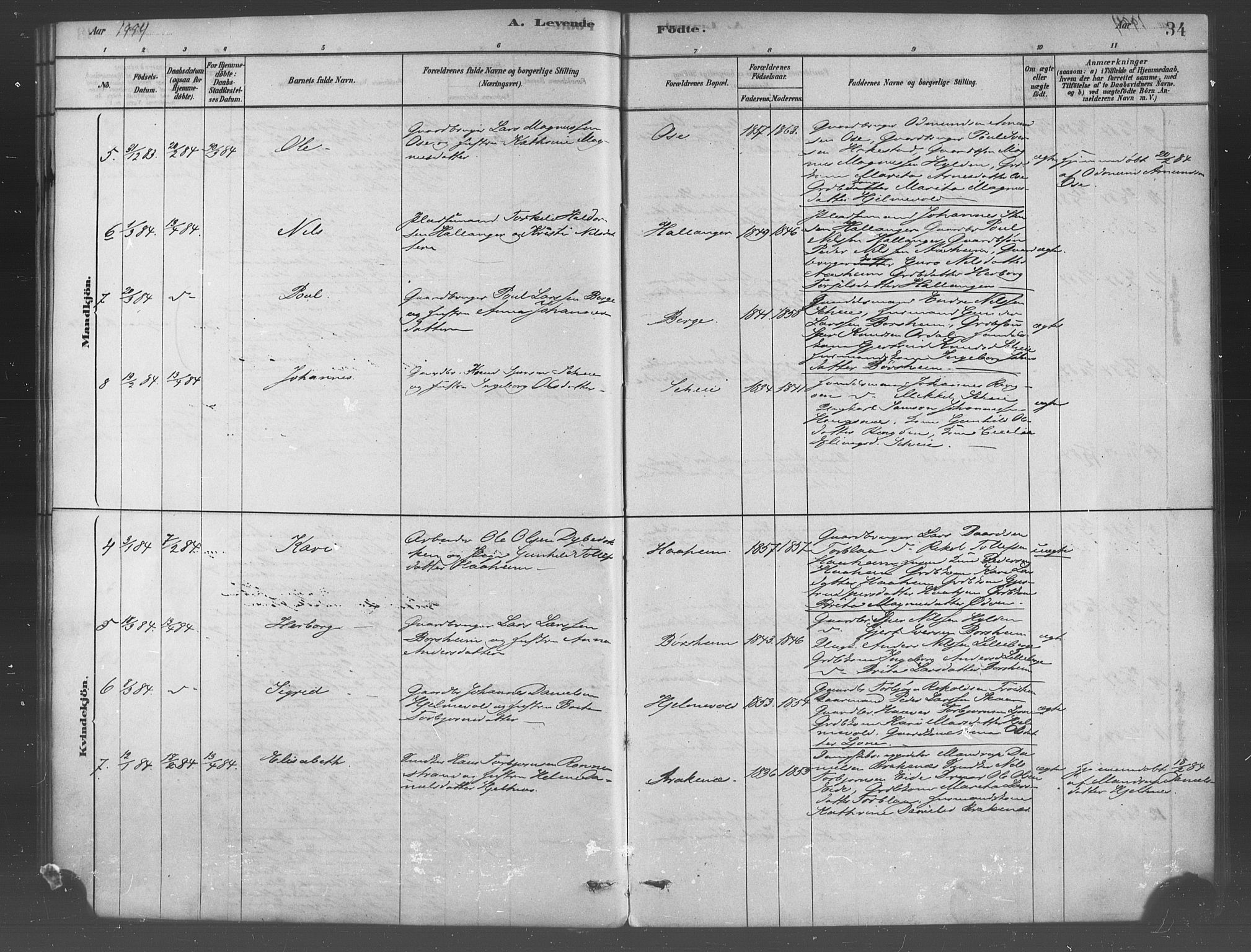 Ulvik sokneprestembete, SAB/A-78801/H/Haa: Parish register (official) no. B 1, 1878-1897, p. 34