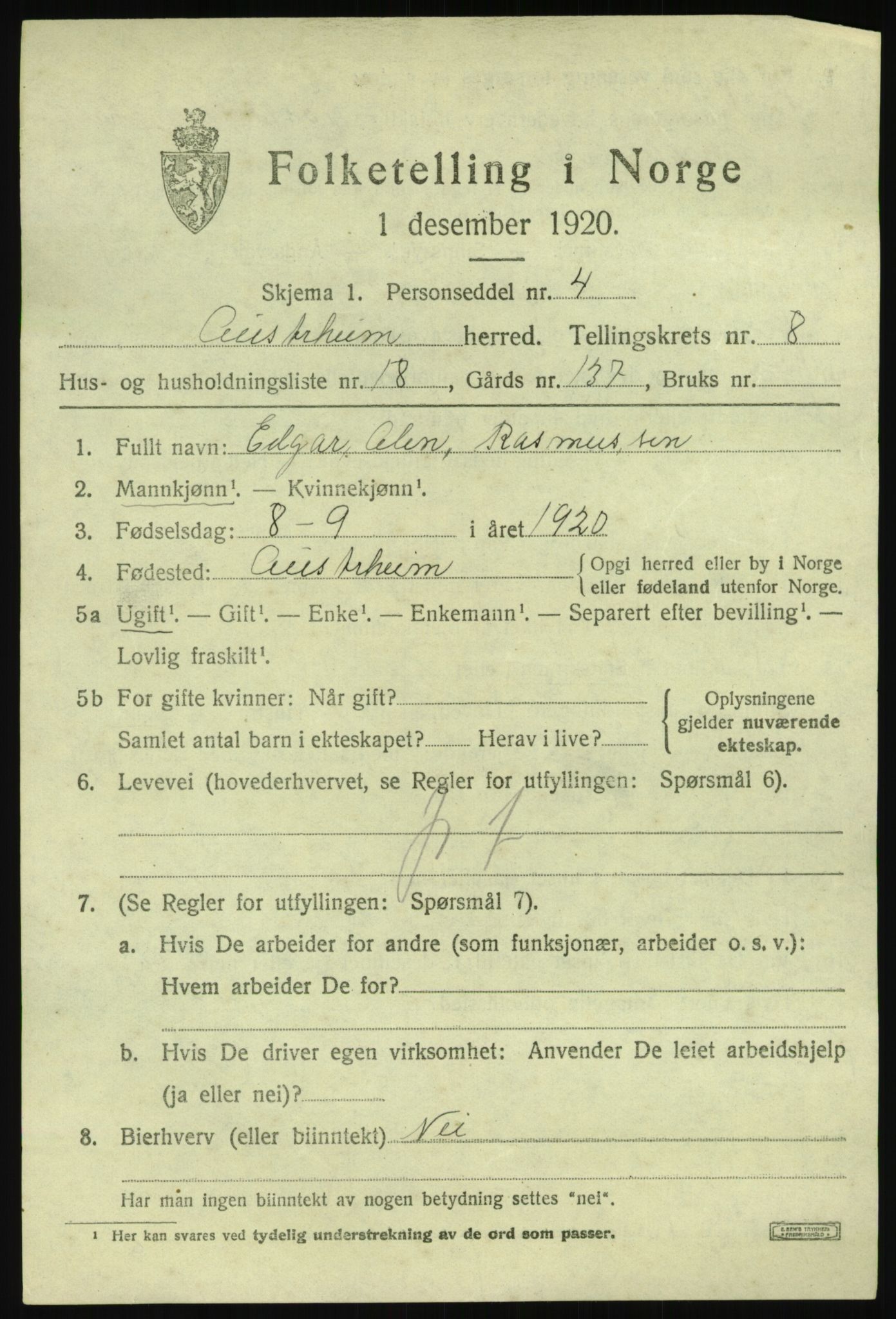 SAB, 1920 census for Austrheim, 1920, p. 3192