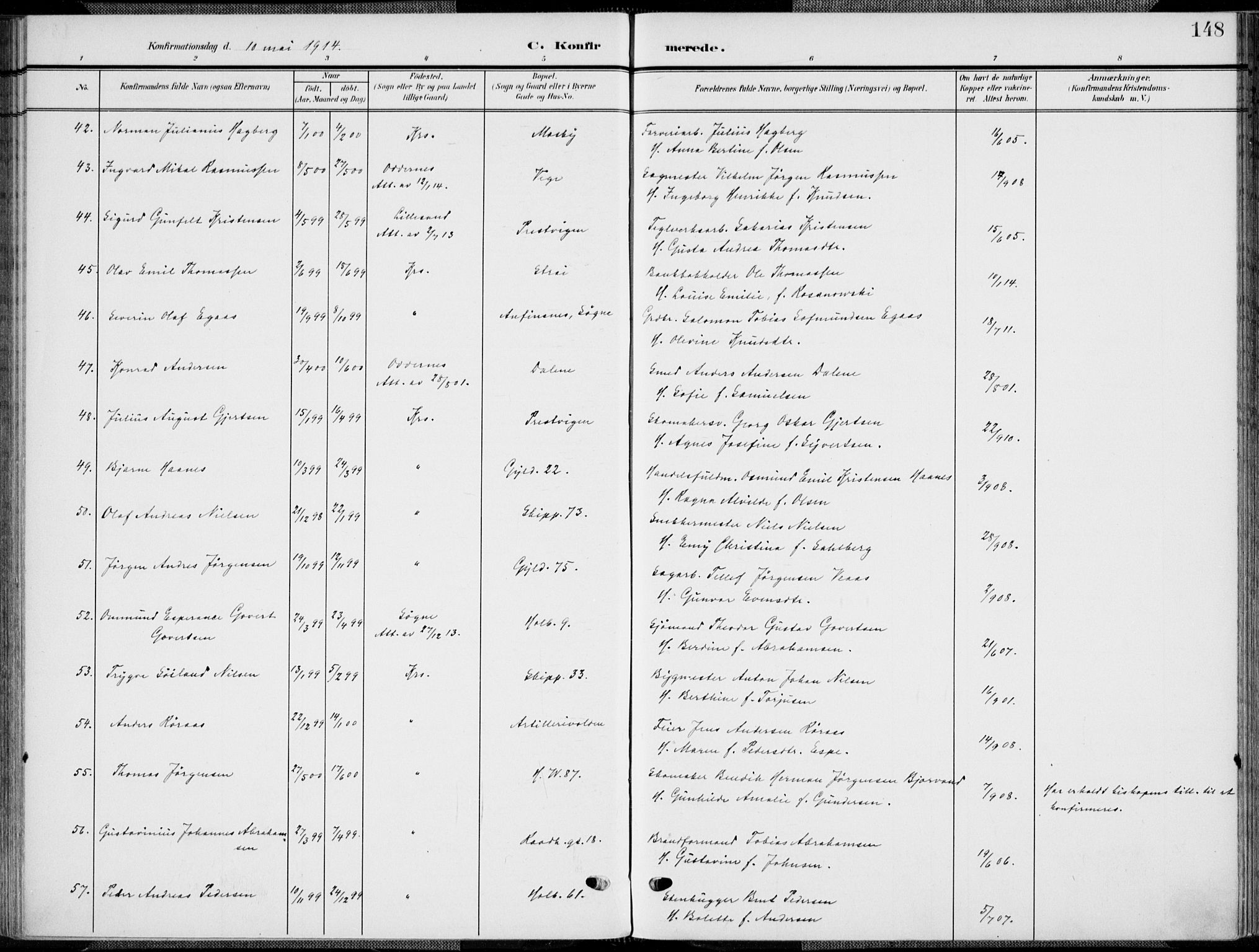 Kristiansand domprosti, AV/SAK-1112-0006/F/Fa/L0022: Parish register (official) no. A 21, 1905-1916, p. 148