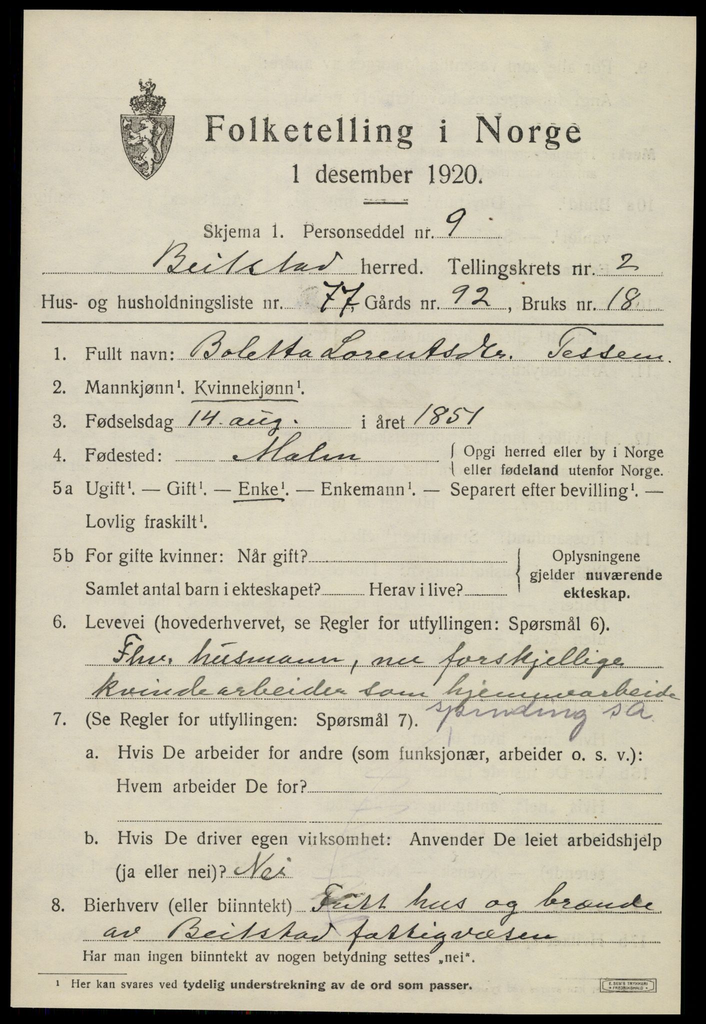 SAT, 1920 census for Beitstad, 1920, p. 2367