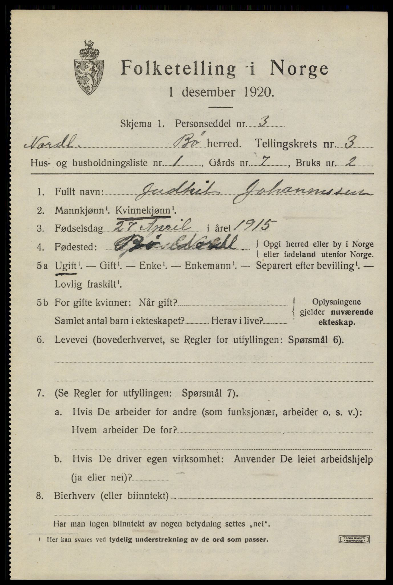 SAT, 1920 census for Bø, 1920, p. 2666