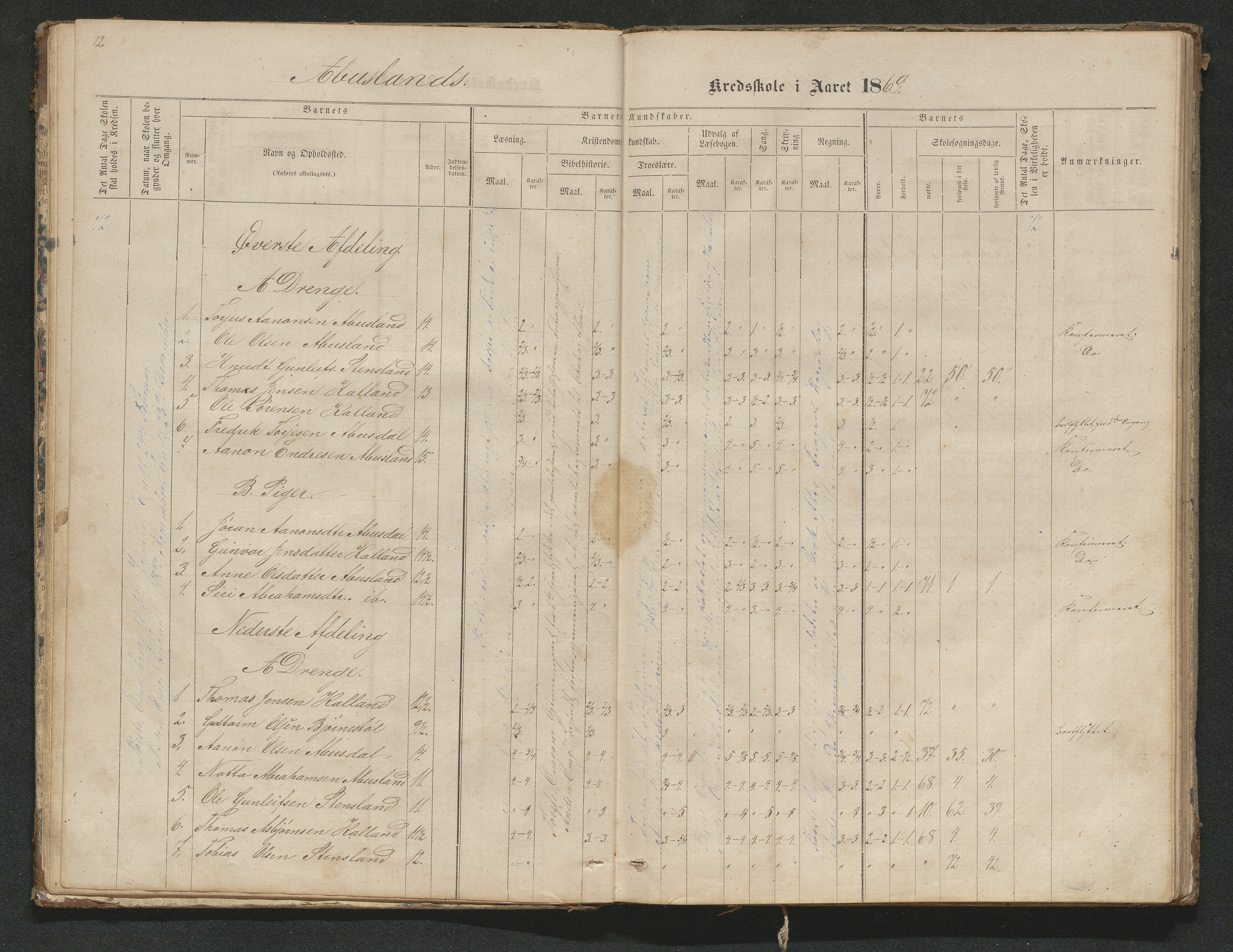 Hornnes kommune, Tønnesvold, Abusland skolekretser, AAKS/KA0936-550g/F1/L0001: Skoleprotokoll Abusland, Tønnesvold, 1864-1896, p. 12