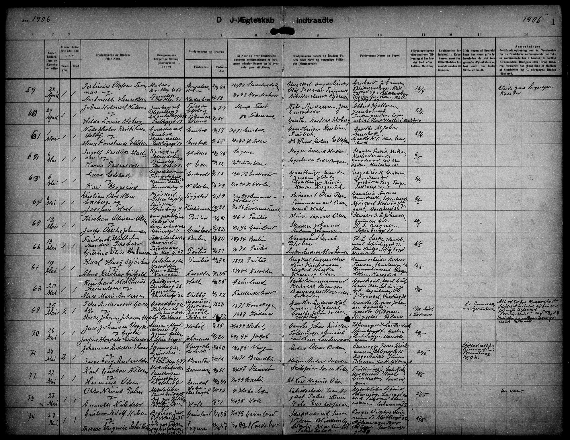 Paulus prestekontor Kirkebøker, SAO/A-10871/F/Fa/L0017: Parish register (official) no. 17, 1906-1917, p. 1