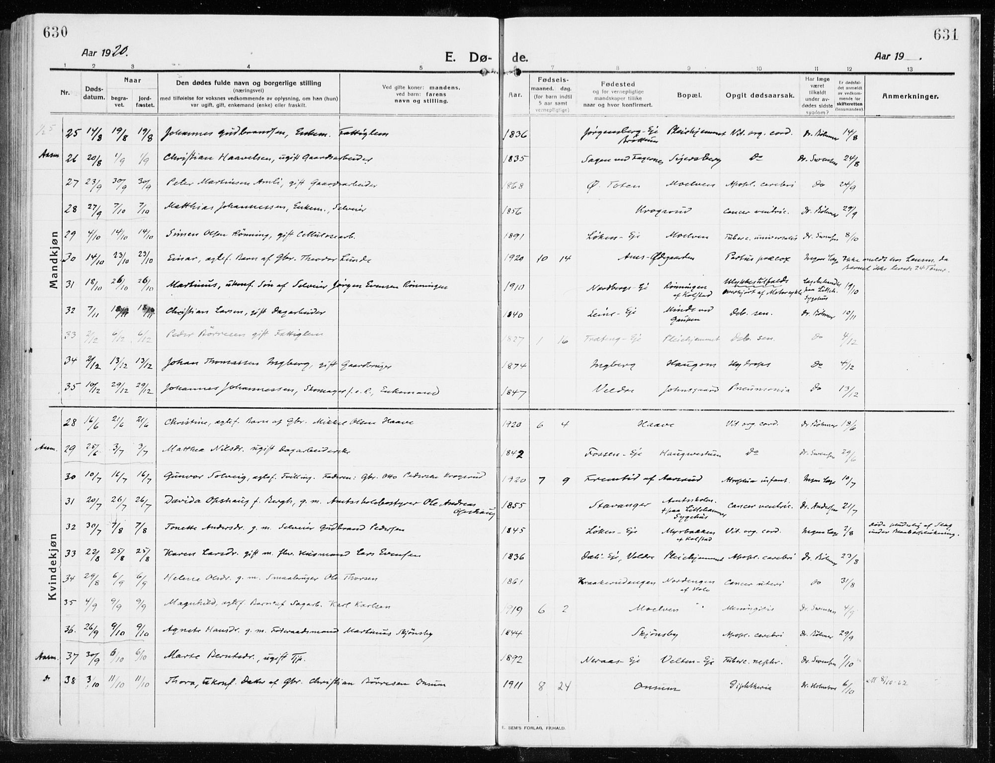 Ringsaker prestekontor, AV/SAH-PREST-014/K/Ka/L0020: Parish register (official) no. 20, 1913-1922, p. 630-631