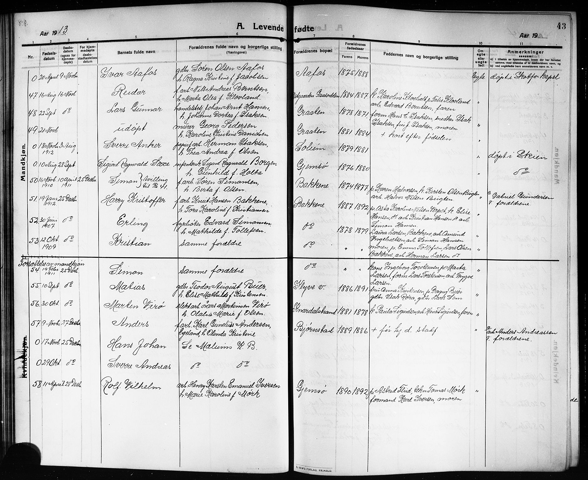 Solum kirkebøker, SAKO/A-306/G/Ga/L0009: Parish register (copy) no. I 9, 1909-1922, p. 43