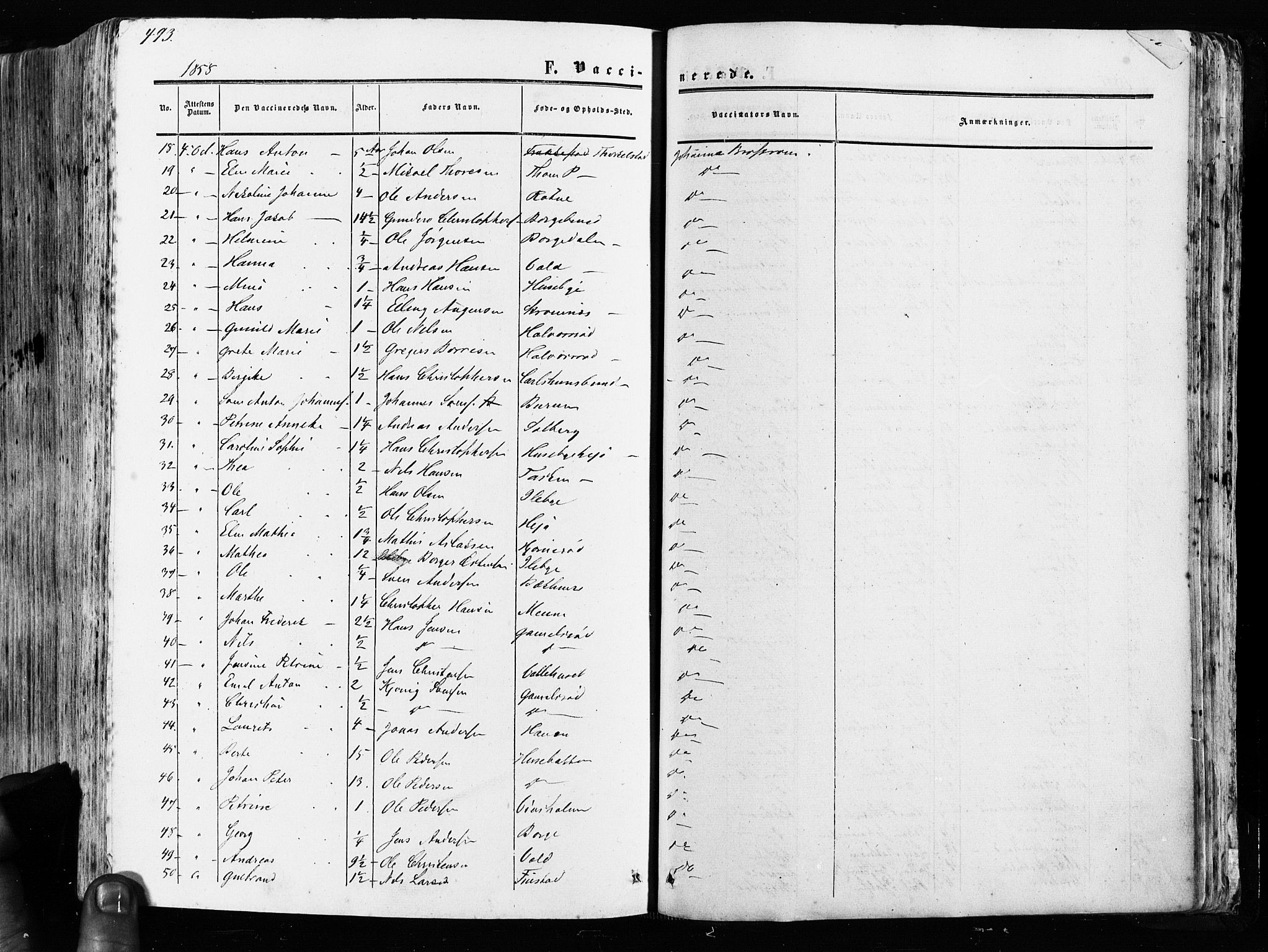 Råde prestekontor kirkebøker, AV/SAO-A-2009/F/Fa/L0006: Parish register (official) no. 6, 1854-1877, p. 493