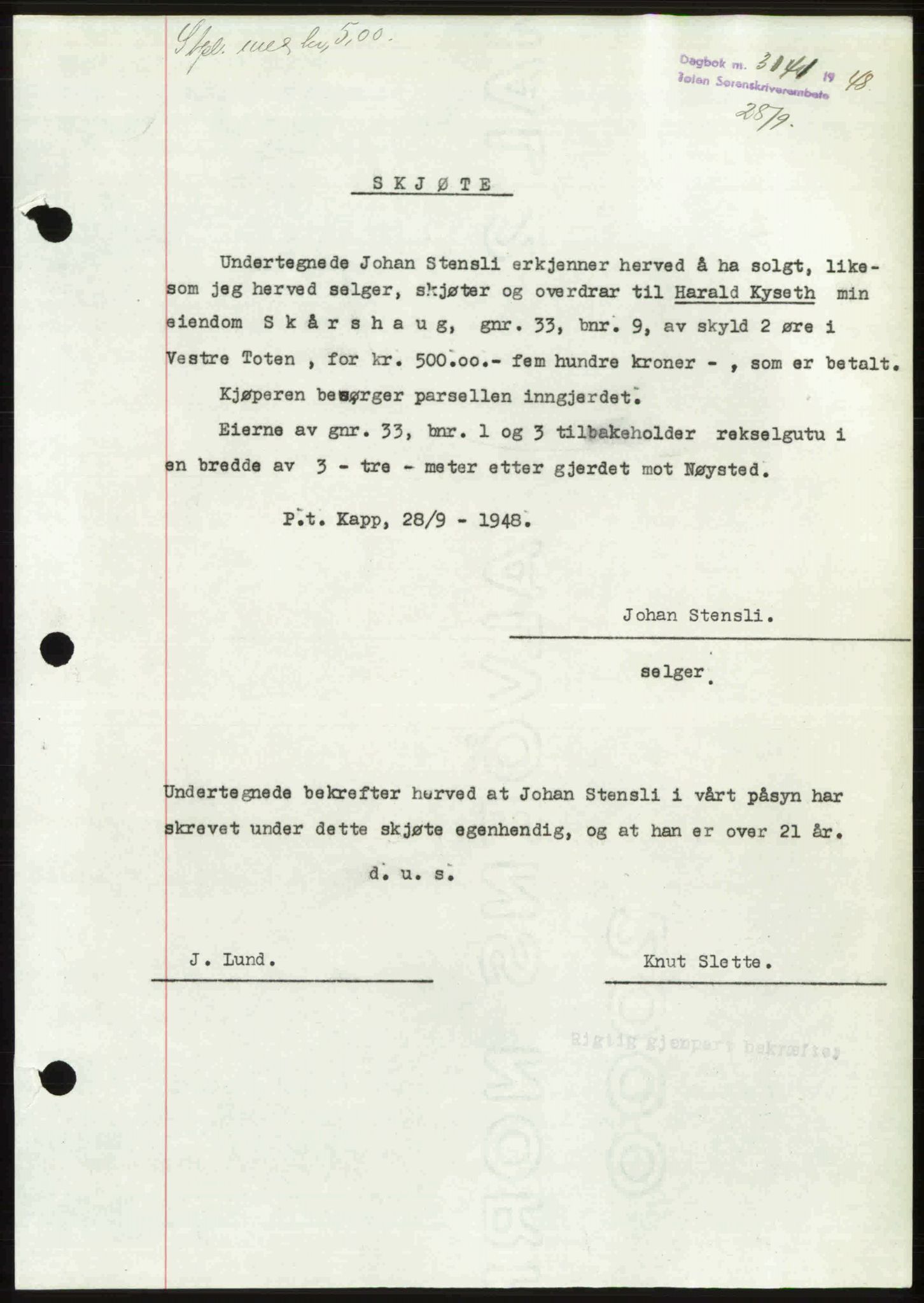 Toten tingrett, SAH/TING-006/H/Hb/Hbc/L0020: Mortgage book no. Hbc-20, 1948-1948, Diary no: : 3141/1948