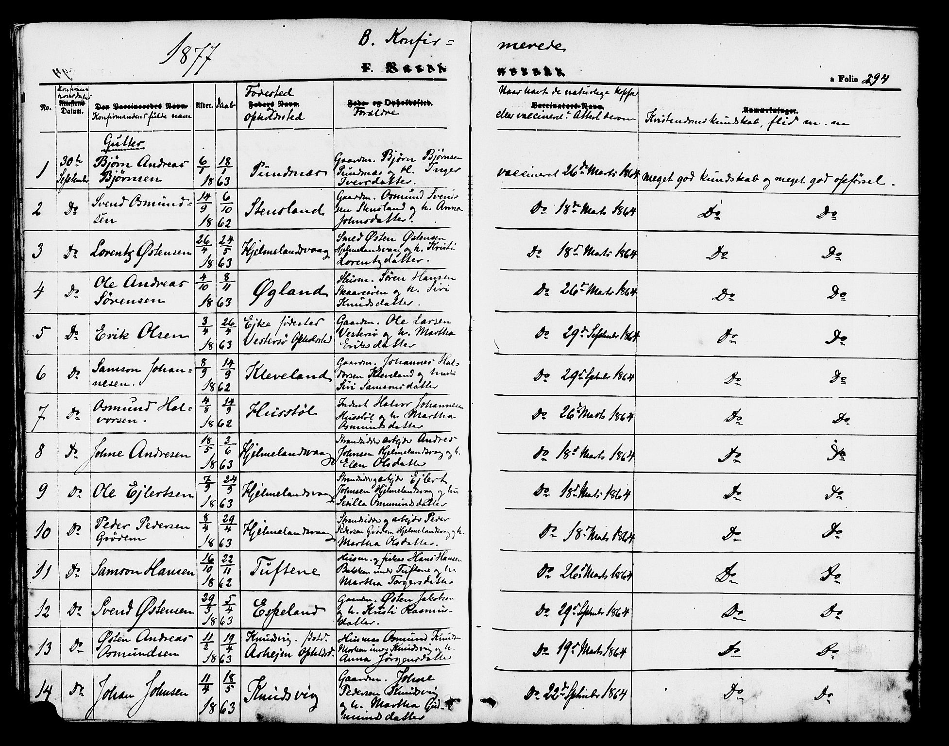 Hjelmeland sokneprestkontor, AV/SAST-A-101843/01/IV/L0011: Parish register (official) no. A 11, 1861-1878, p. 294