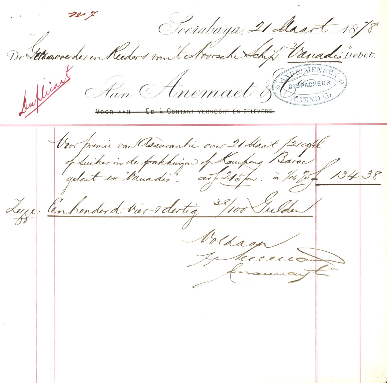 Pa 63 - Østlandske skibsassuranceforening, VEMU/A-1079/G/Ga/L0010/0005: Havaridokumenter / Vanadis, 1878