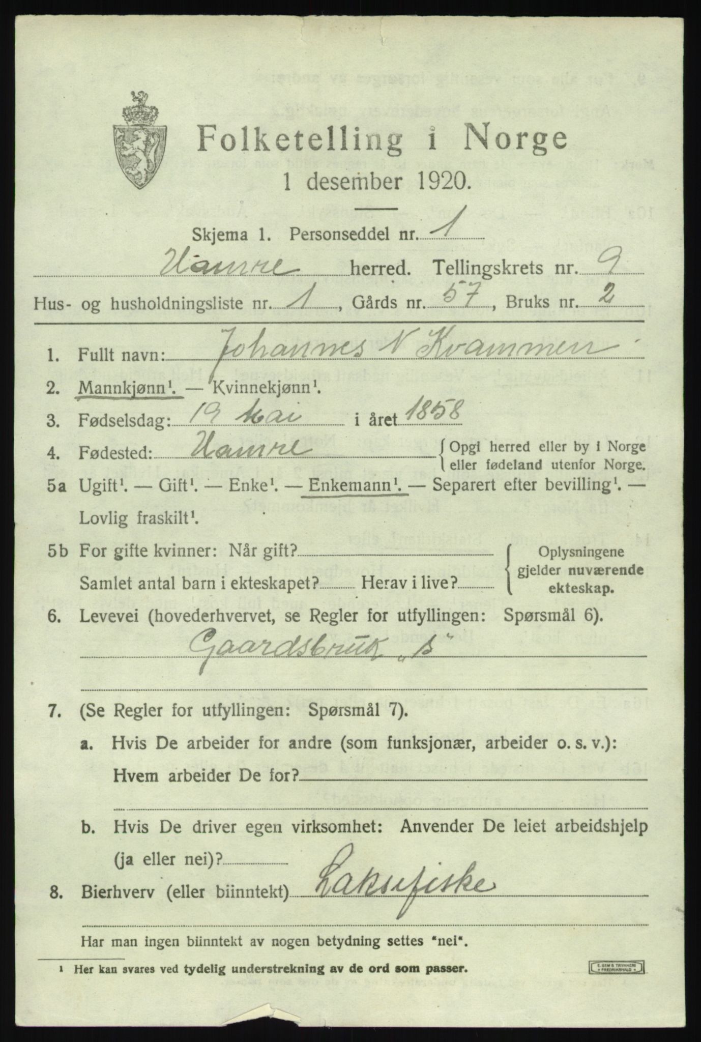 SAB, 1920 census for Hamre, 1920, p. 4839