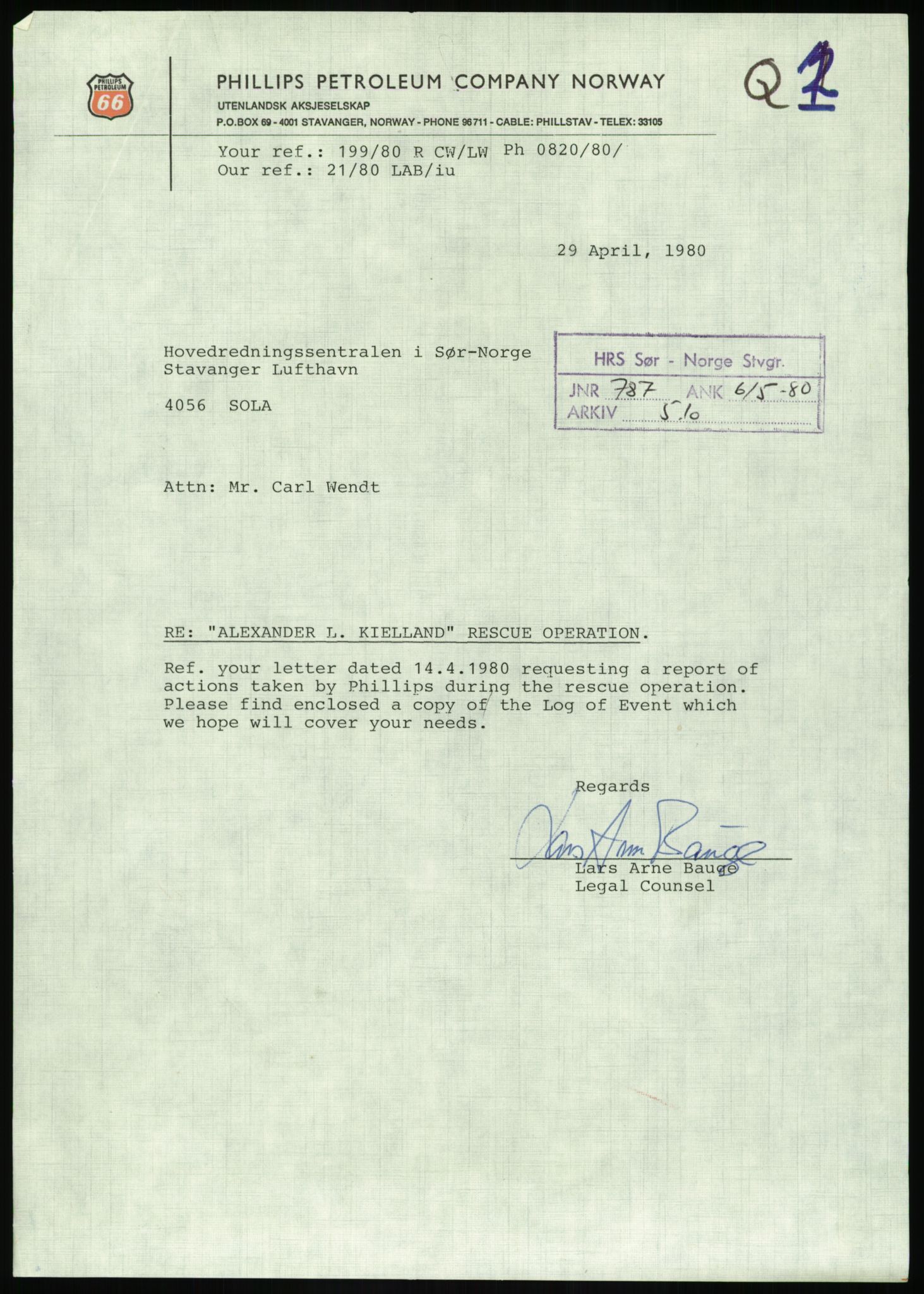 Justisdepartementet, Granskningskommisjonen ved Alexander Kielland-ulykken 27.3.1980, RA/S-1165/D/L0017: P Hjelpefartøy (Doku.liste + P1-P6 av 6)/Q Hovedredningssentralen (Q0-Q27 av 27), 1980-1981, p. 60