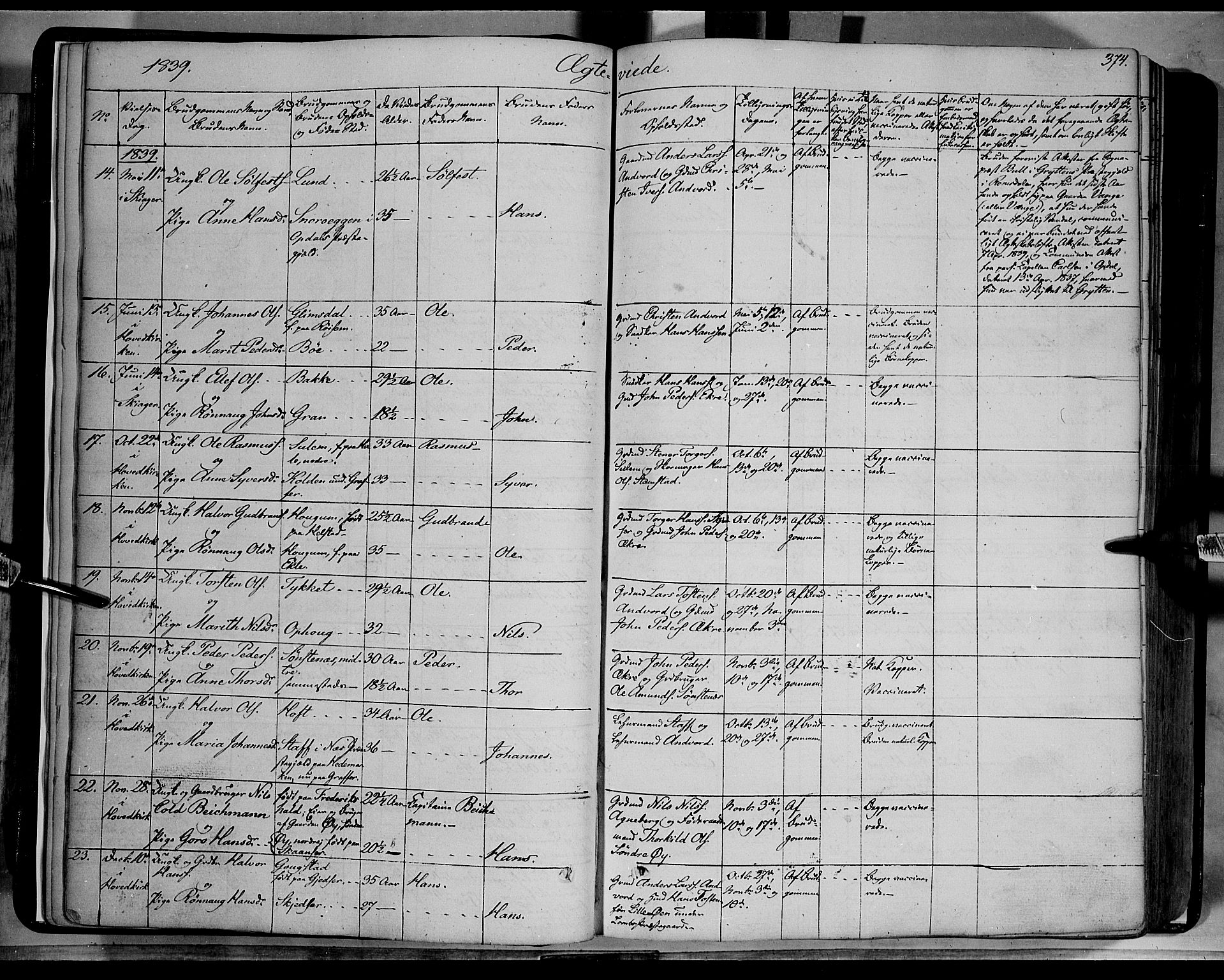 Lom prestekontor, SAH/PREST-070/K/L0006: Parish register (official) no. 6B, 1837-1863, p. 374