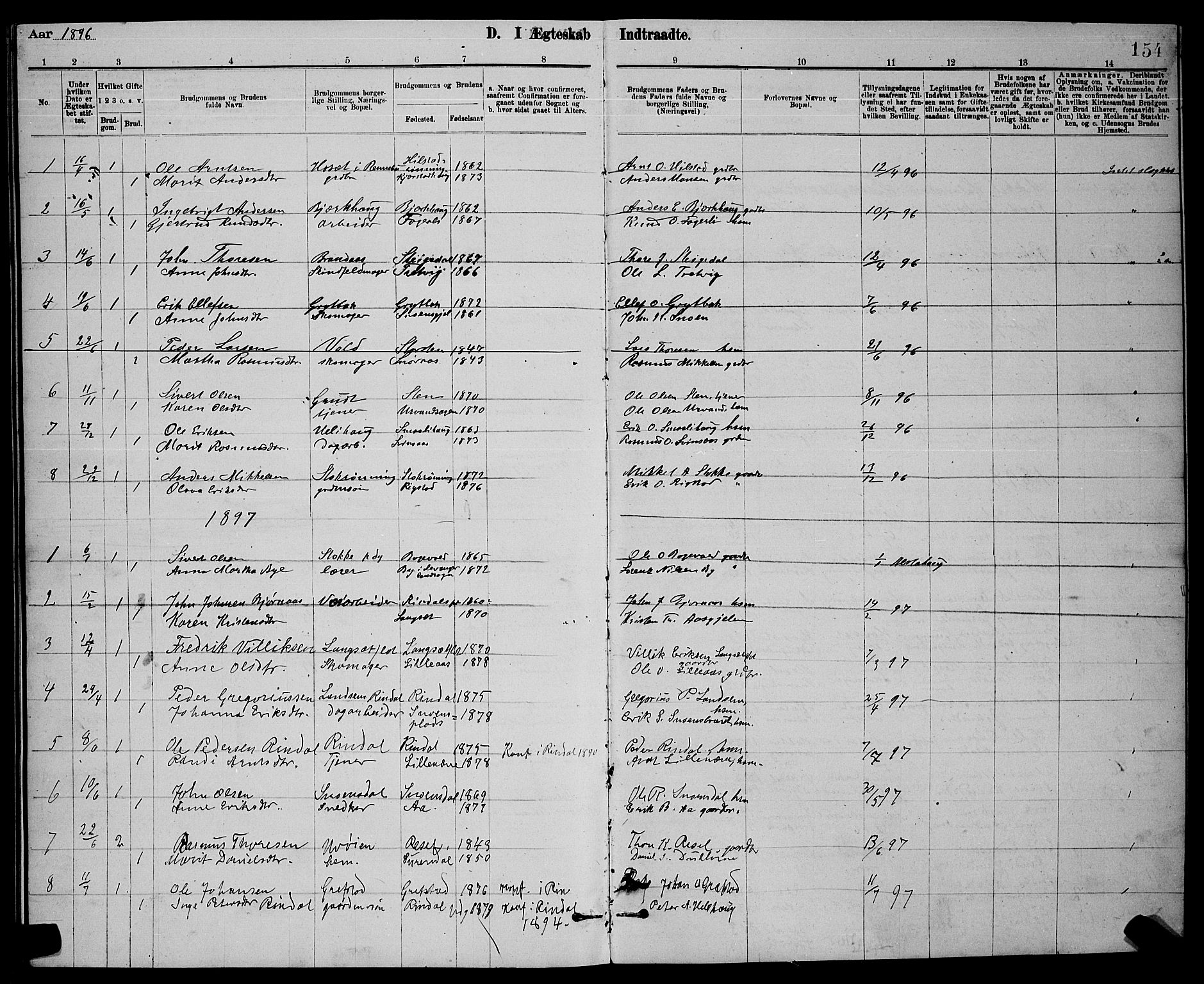 Ministerialprotokoller, klokkerbøker og fødselsregistre - Sør-Trøndelag, SAT/A-1456/672/L0863: Parish register (copy) no. 672C02, 1888-1901, p. 154