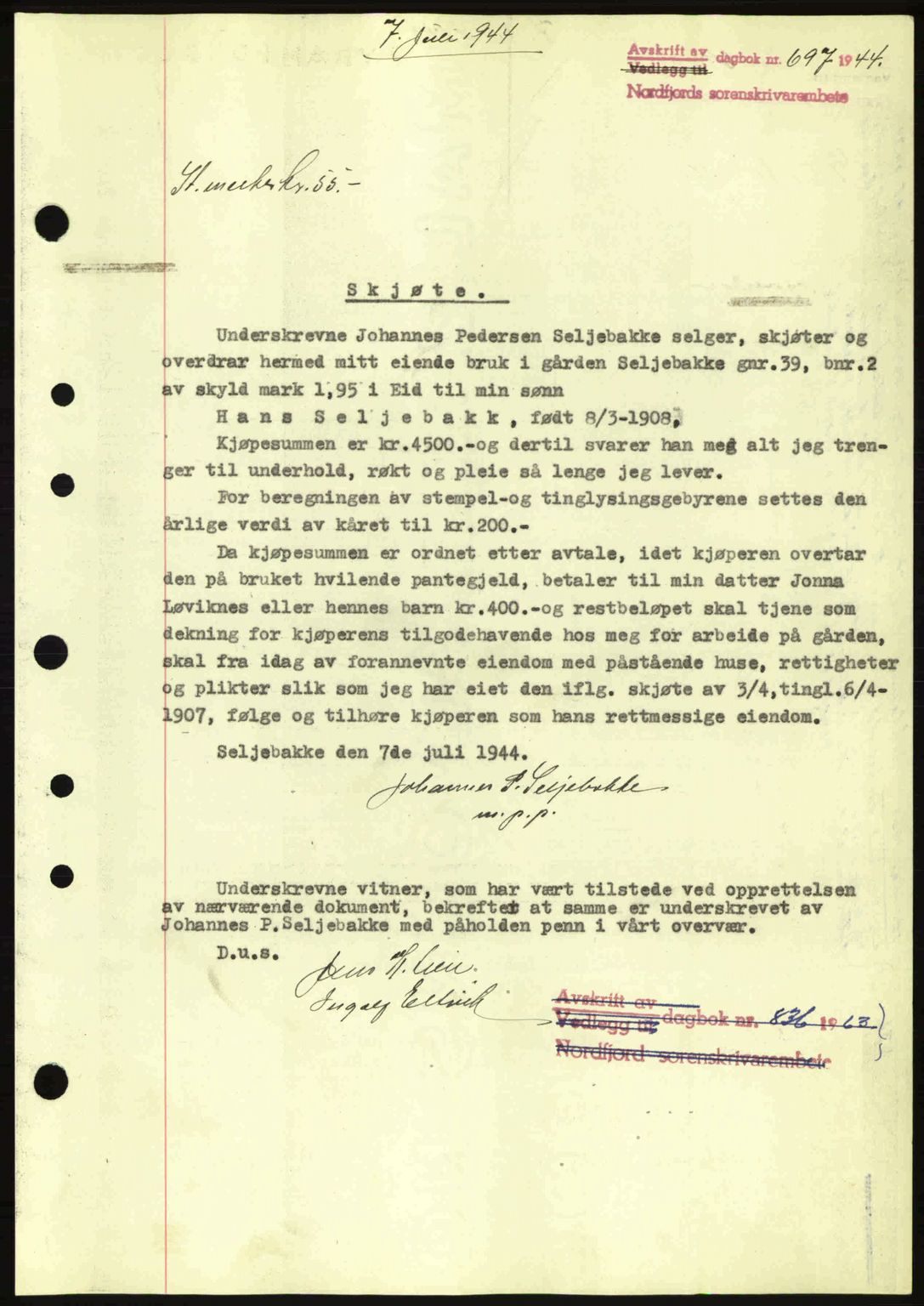 Nordfjord sorenskriveri, AV/SAB-A-2801/02/02b/02bj/L0009a: Mortgage book no. A9 I, 1944-1944, Diary no: : 697/1944