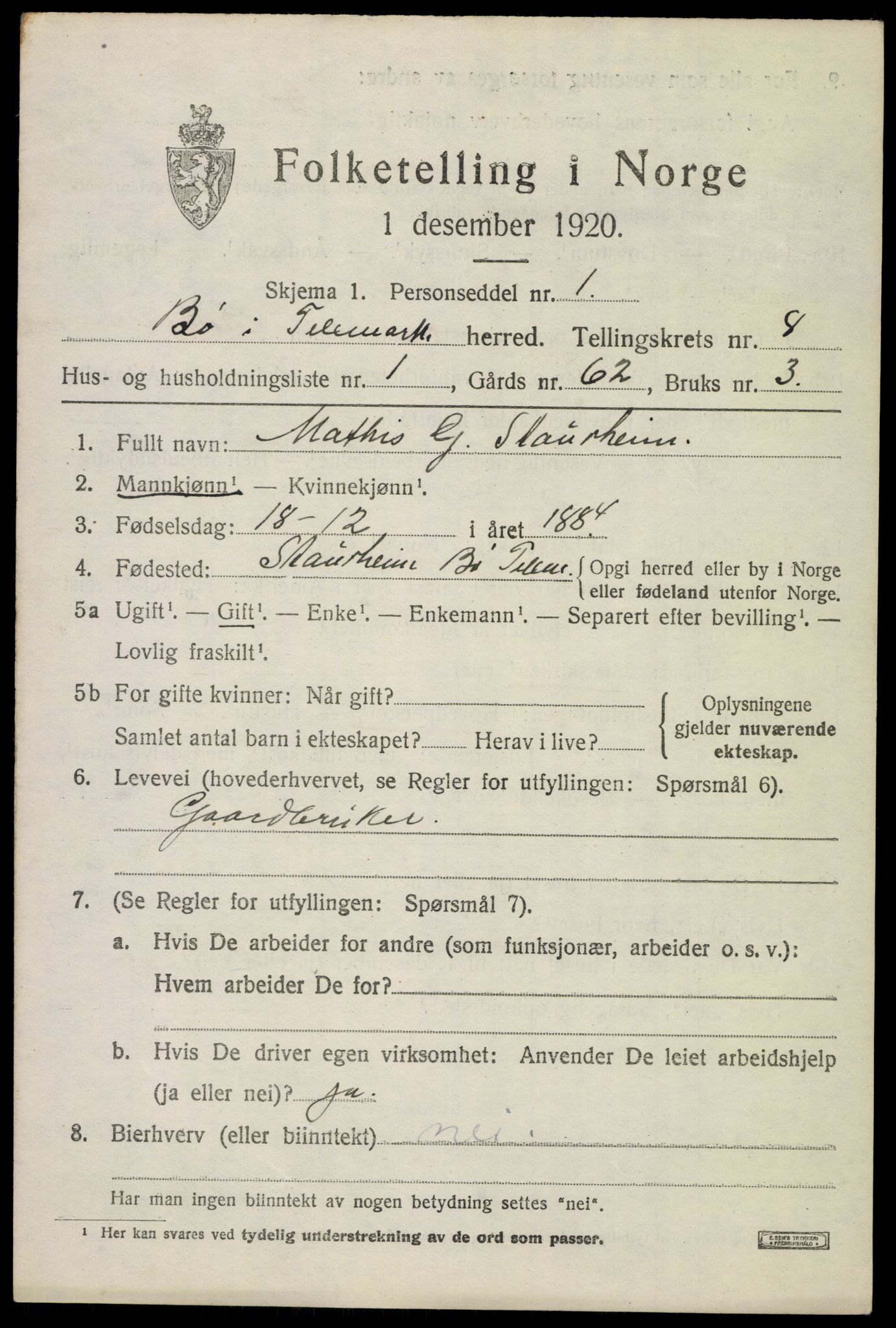 SAKO, 1920 census for Bø (Telemark), 1920, p. 5762