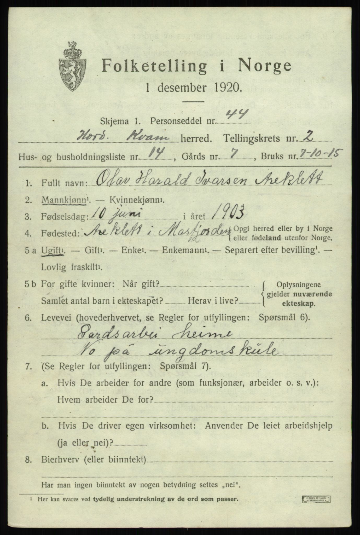 SAB, 1920 census for Kvam, 1920, p. 2057