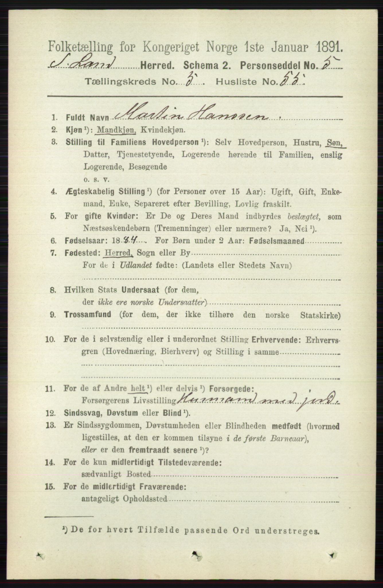 RA, 1891 census for 0536 Søndre Land, 1891, p. 5141