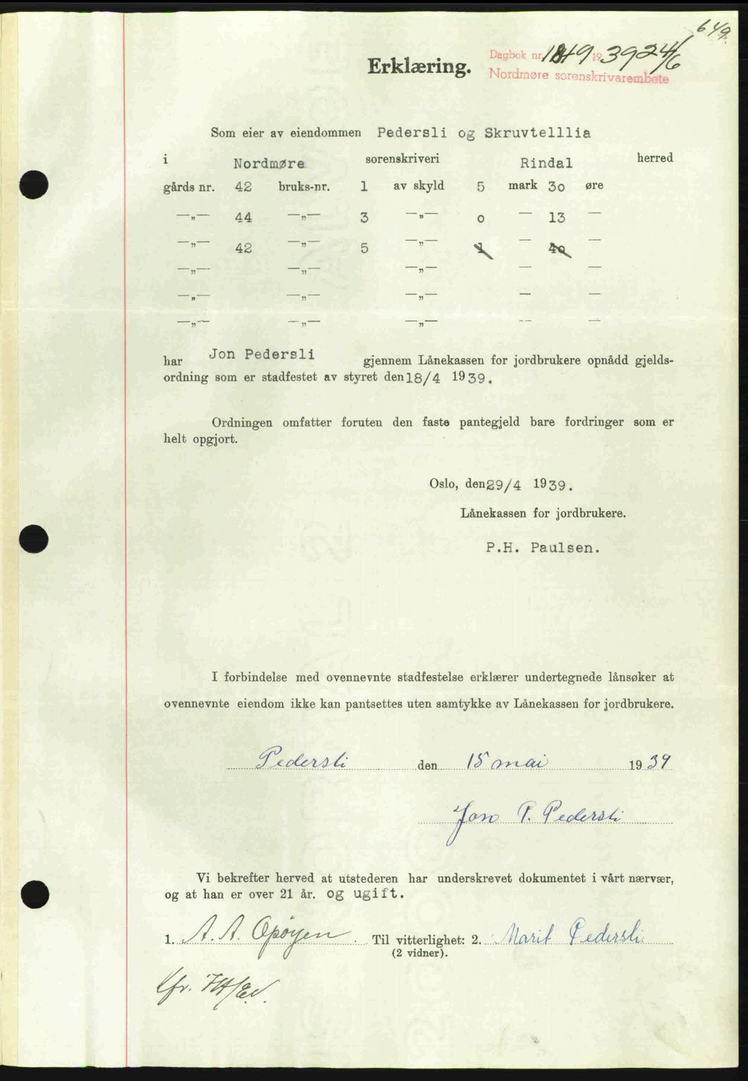 Nordmøre sorenskriveri, AV/SAT-A-4132/1/2/2Ca: Mortgage book no. B85, 1939-1939, Diary no: : 1849/1939