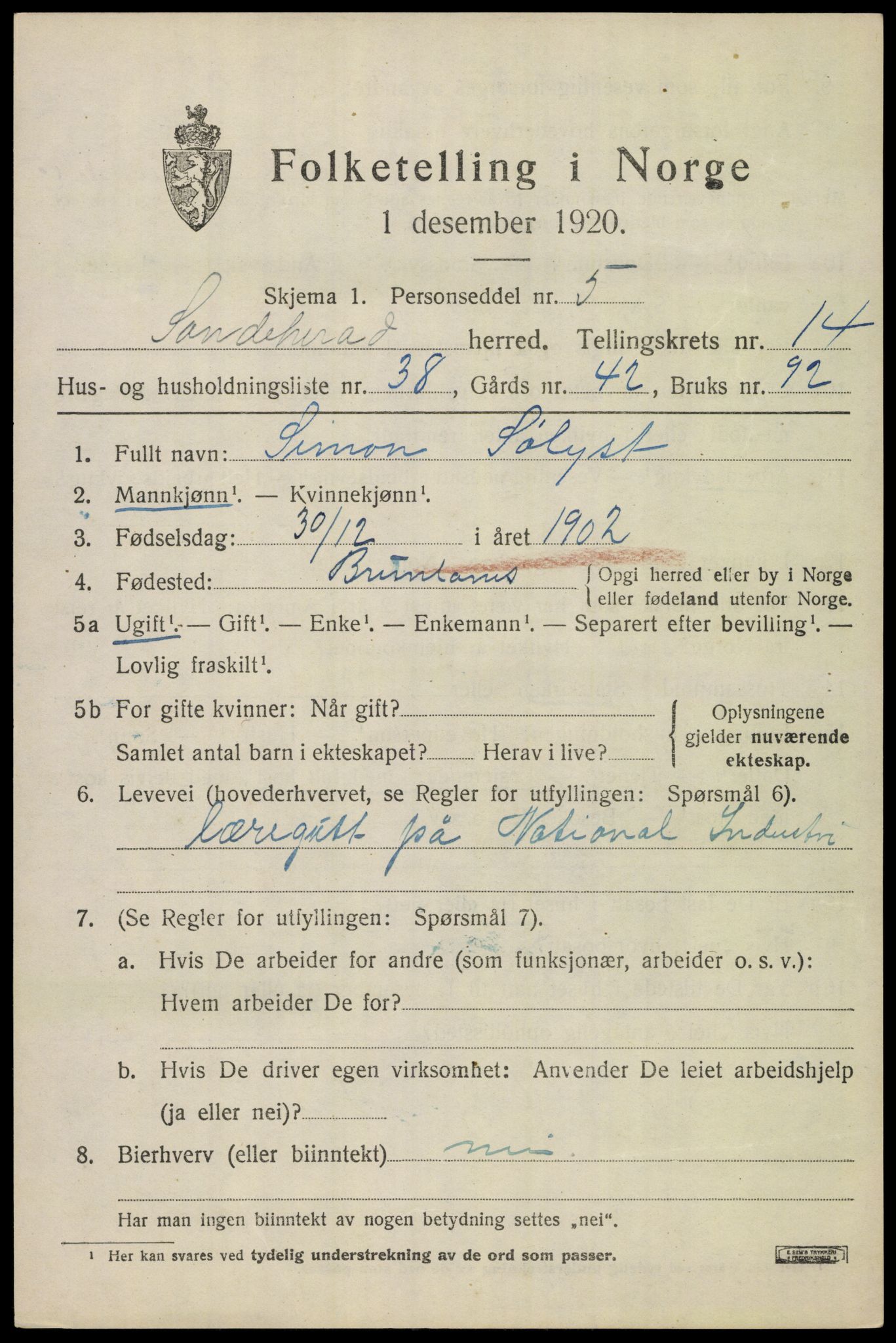 SAKO, 1920 census for Sandeherred, 1920, p. 20706