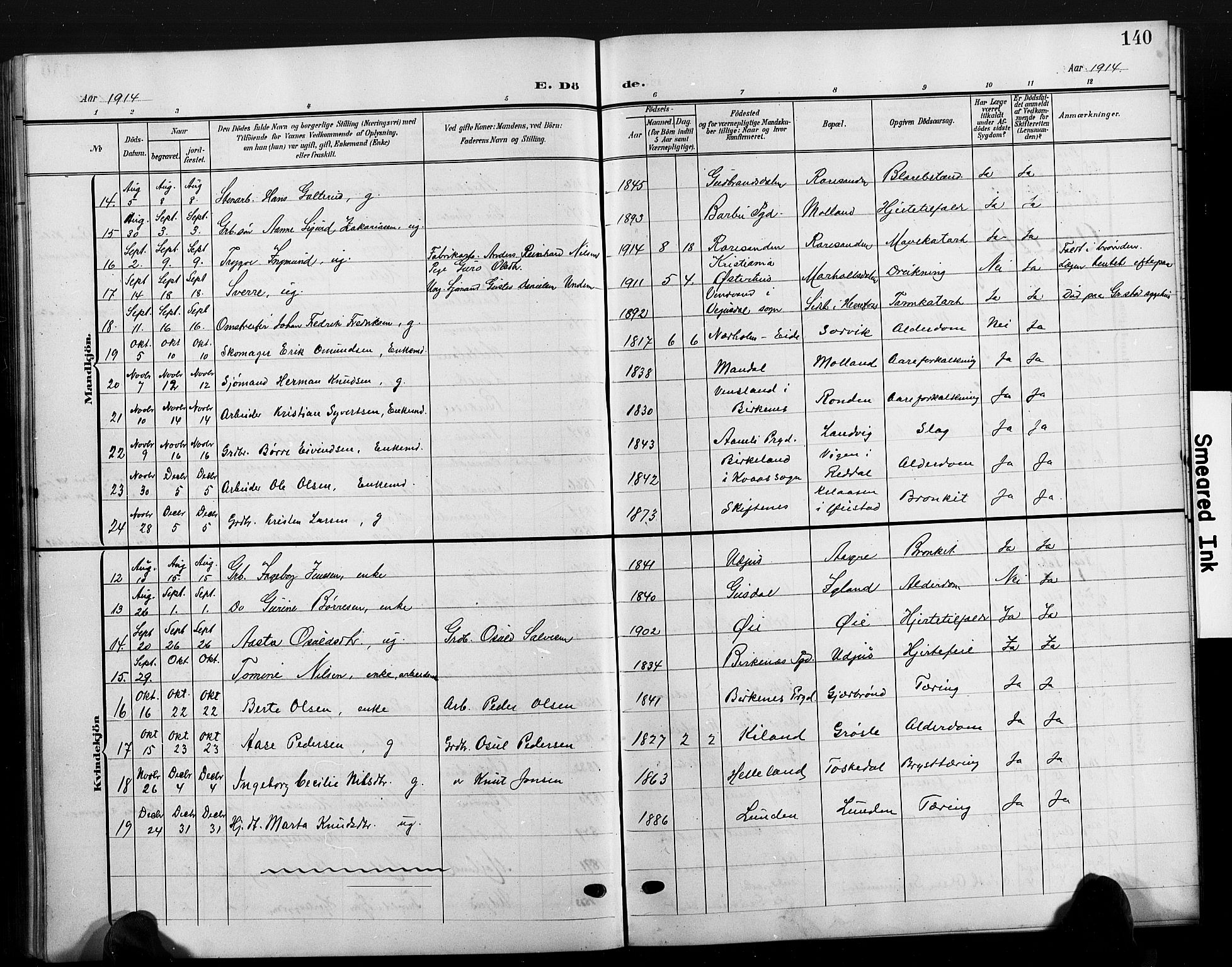 Hommedal sokneprestkontor, AV/SAK-1111-0023/F/Fb/Fbb/L0008: Parish register (copy) no. B 8, 1905-1929, p. 140