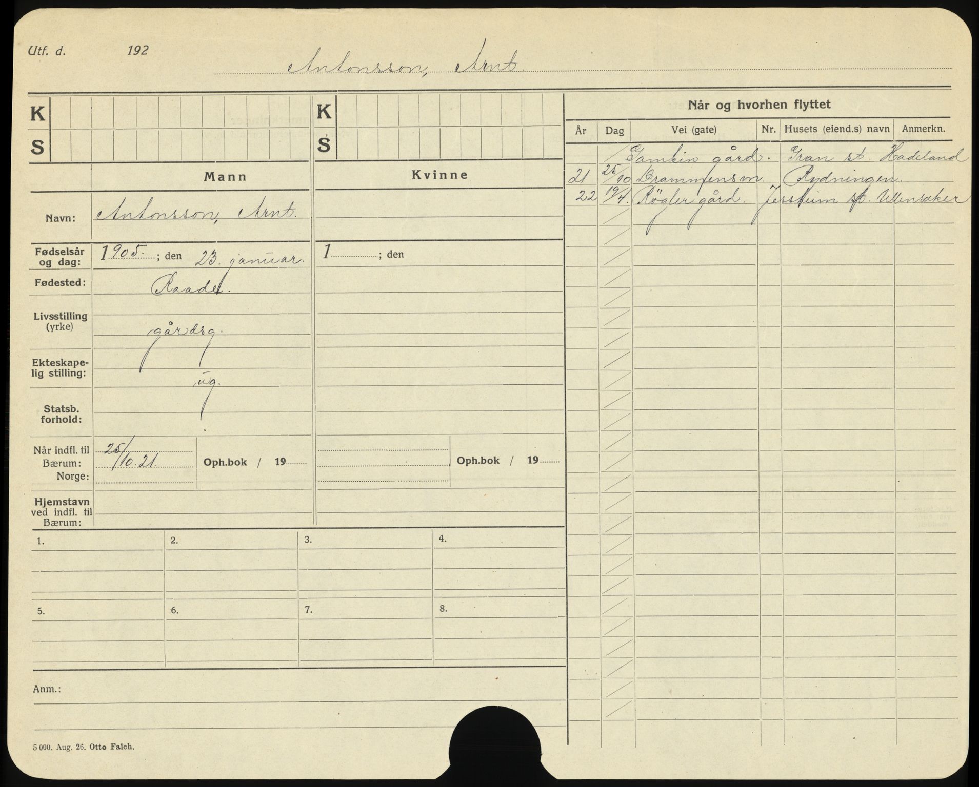 Bærum folkeregister, AV/SAO-A-10504/F/Fa/L0001: Utflyttede: A - J, 1923