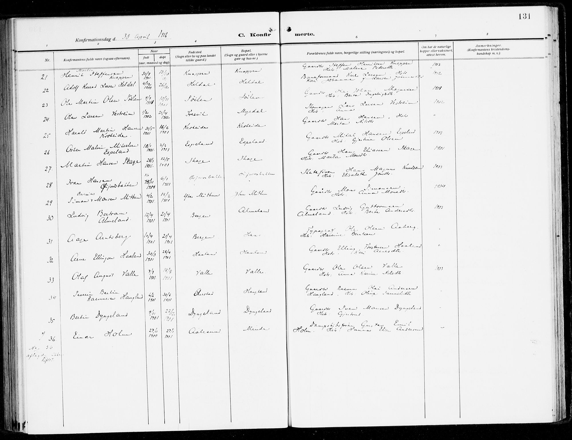 Fana Sokneprestembete, AV/SAB-A-75101/H/Haa/Haai/L0004: Parish register (official) no. I 4, 1912-1933, p. 131